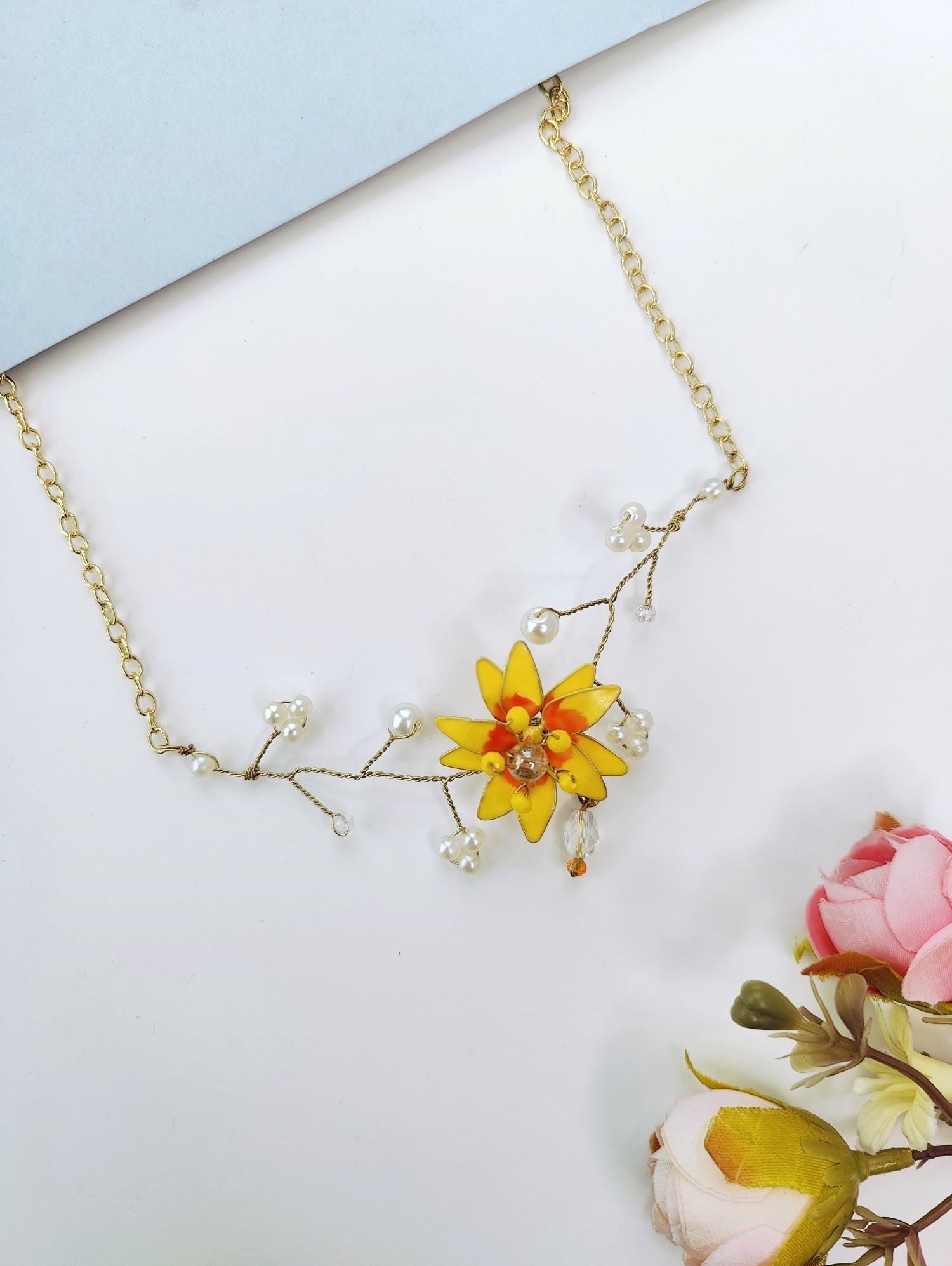 yellow resin necklace set, sunflower floral handmade jewellery