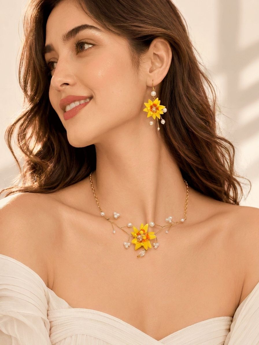 yellow resin necklace set, sunflower floral handmade jewellery