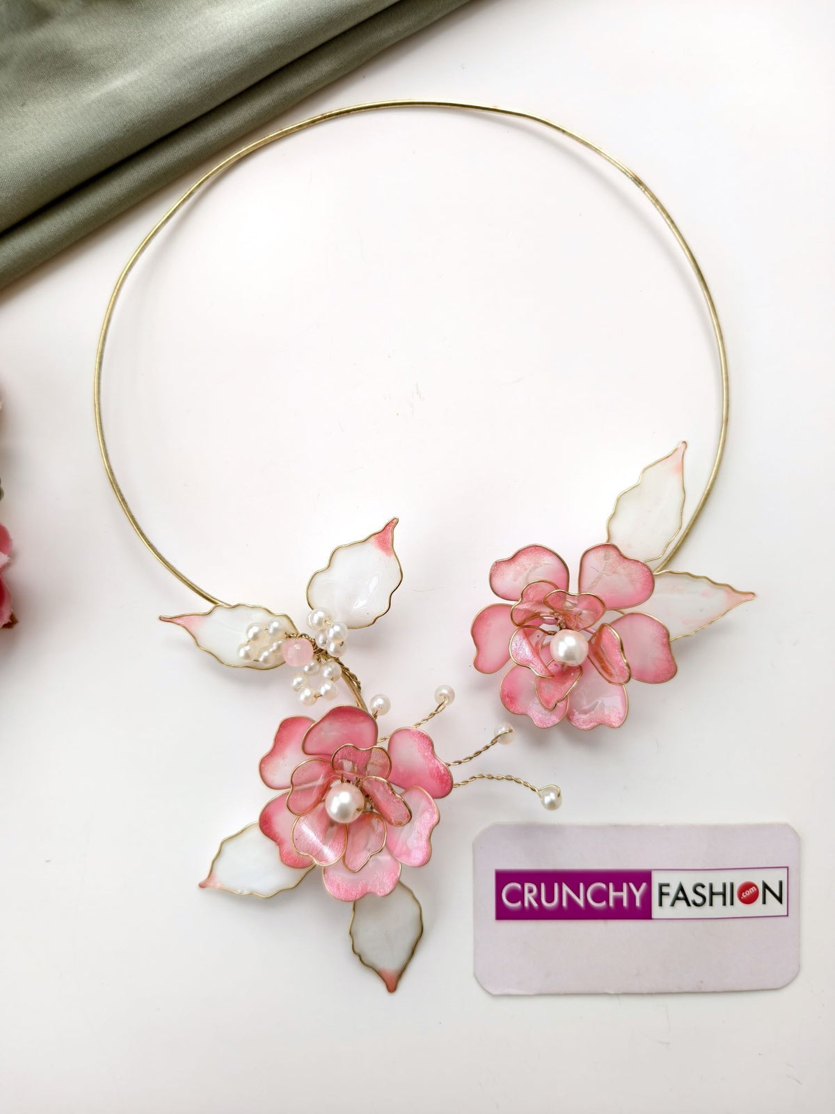 light pink resin choker necklace for women with rose floral design