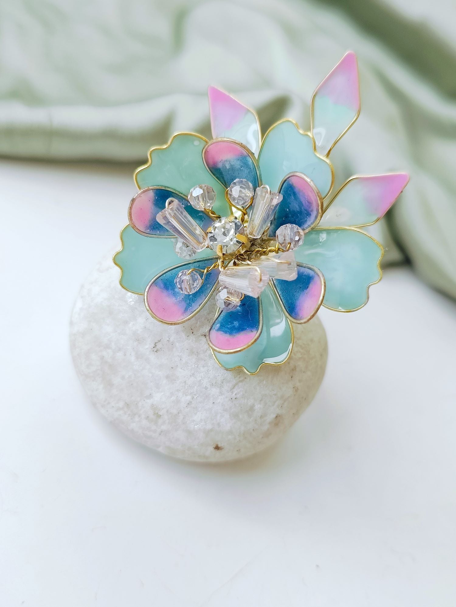 Sky-blue handmade resin ring with floral design, lightweight jewelry for girls, brides, and women