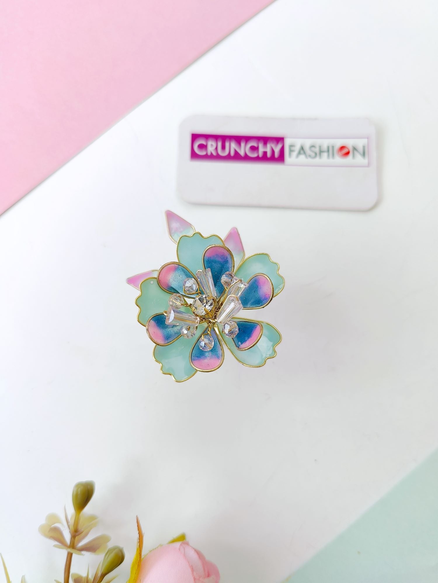 Sky-blue handmade resin ring with floral design, lightweight jewelry for girls, brides, and women