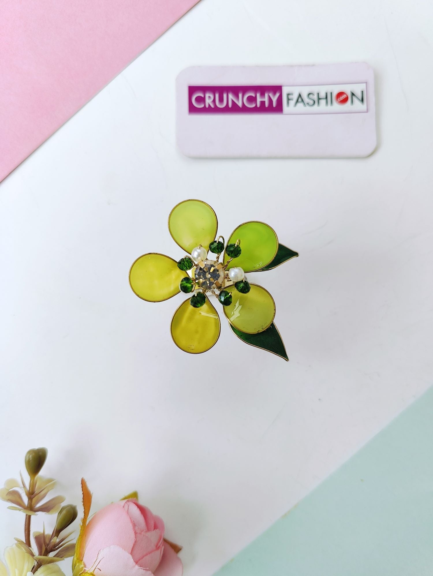 Green resin ring for girls, handmade floral resin jewelry, lightweight mehndi and haldi wedding accessory