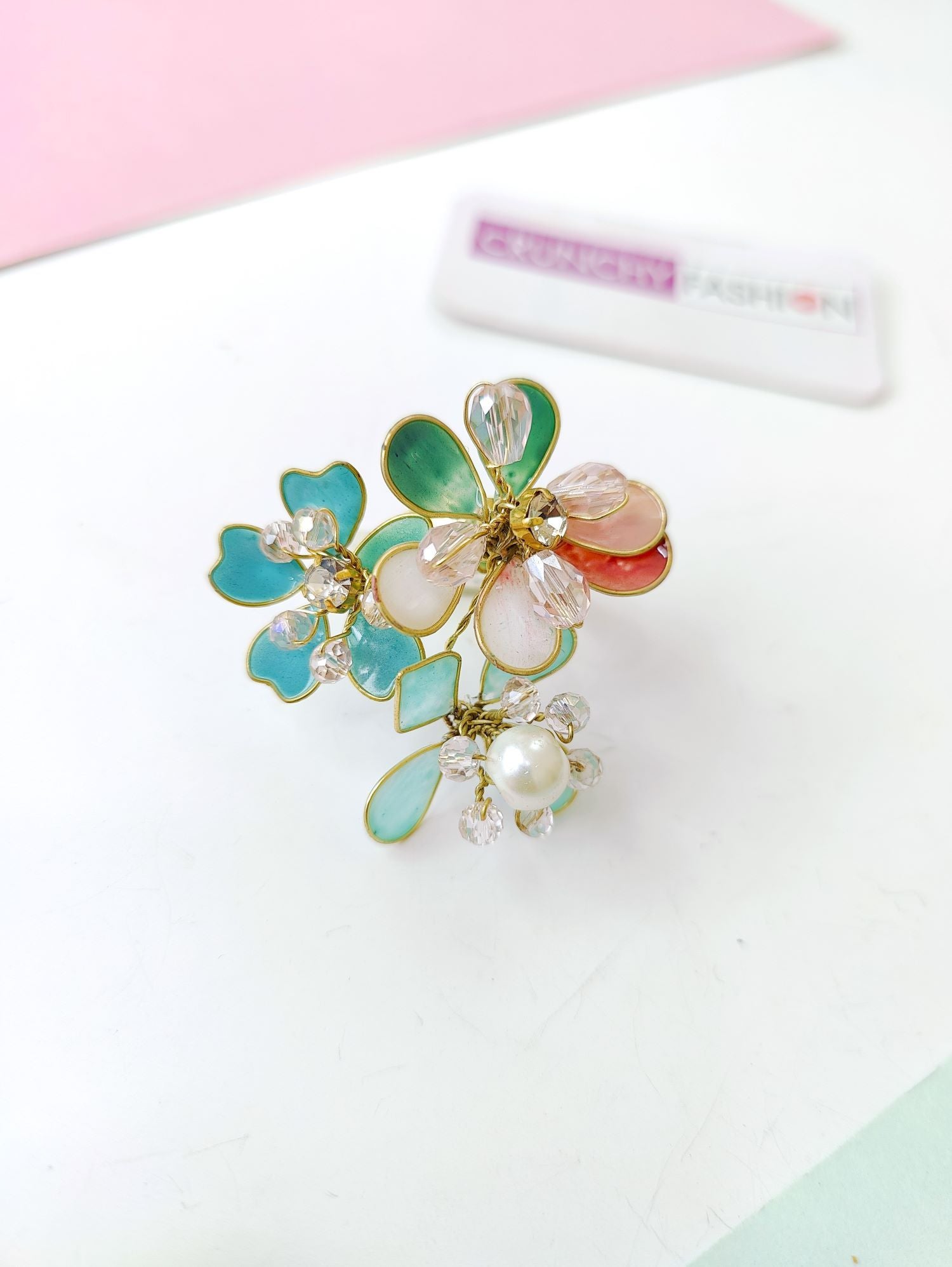 sky blue floral resin ring, handmade resin jewelry for women