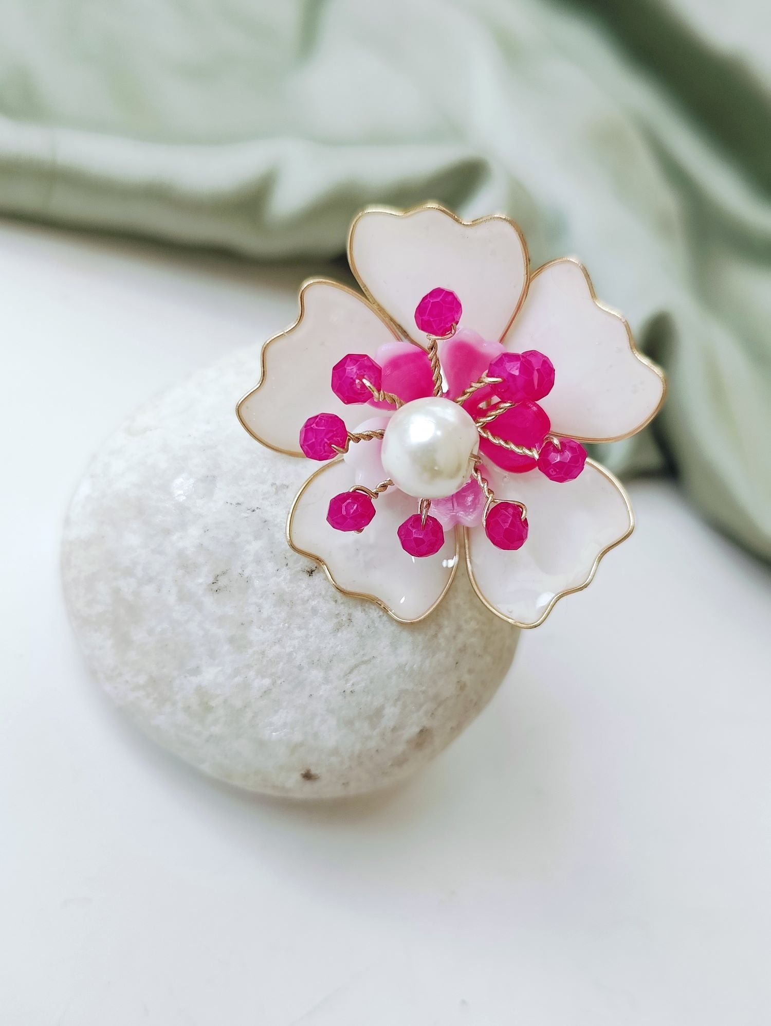 baby pink handmade floral resin ring for girl, beaded lightweight
