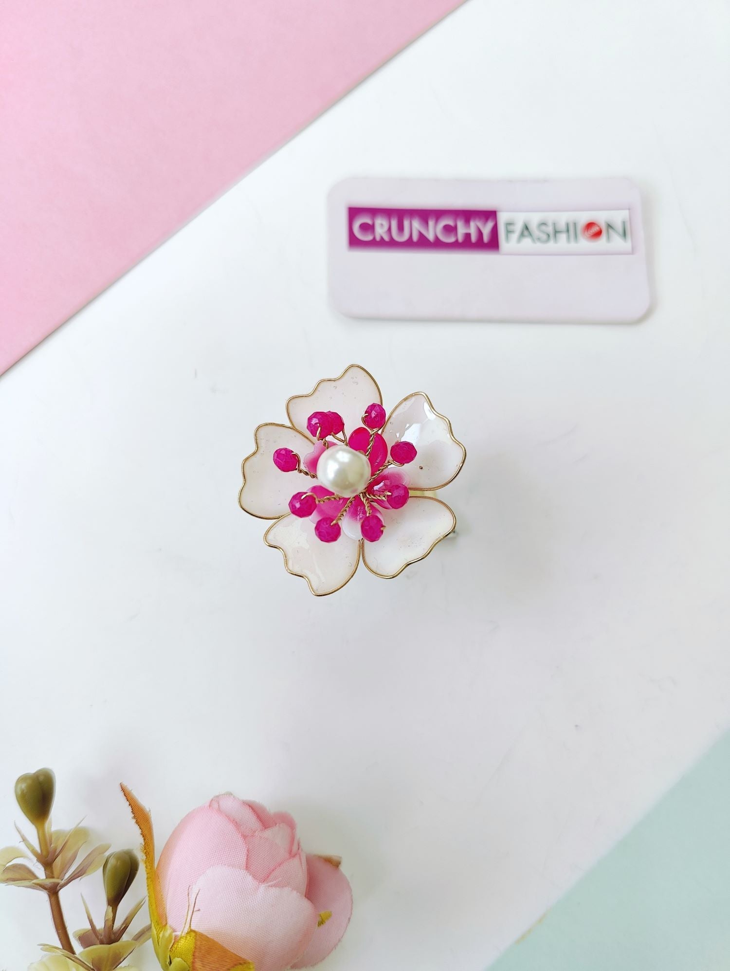 baby pink handmade floral resin ring for girl, beaded lightweight