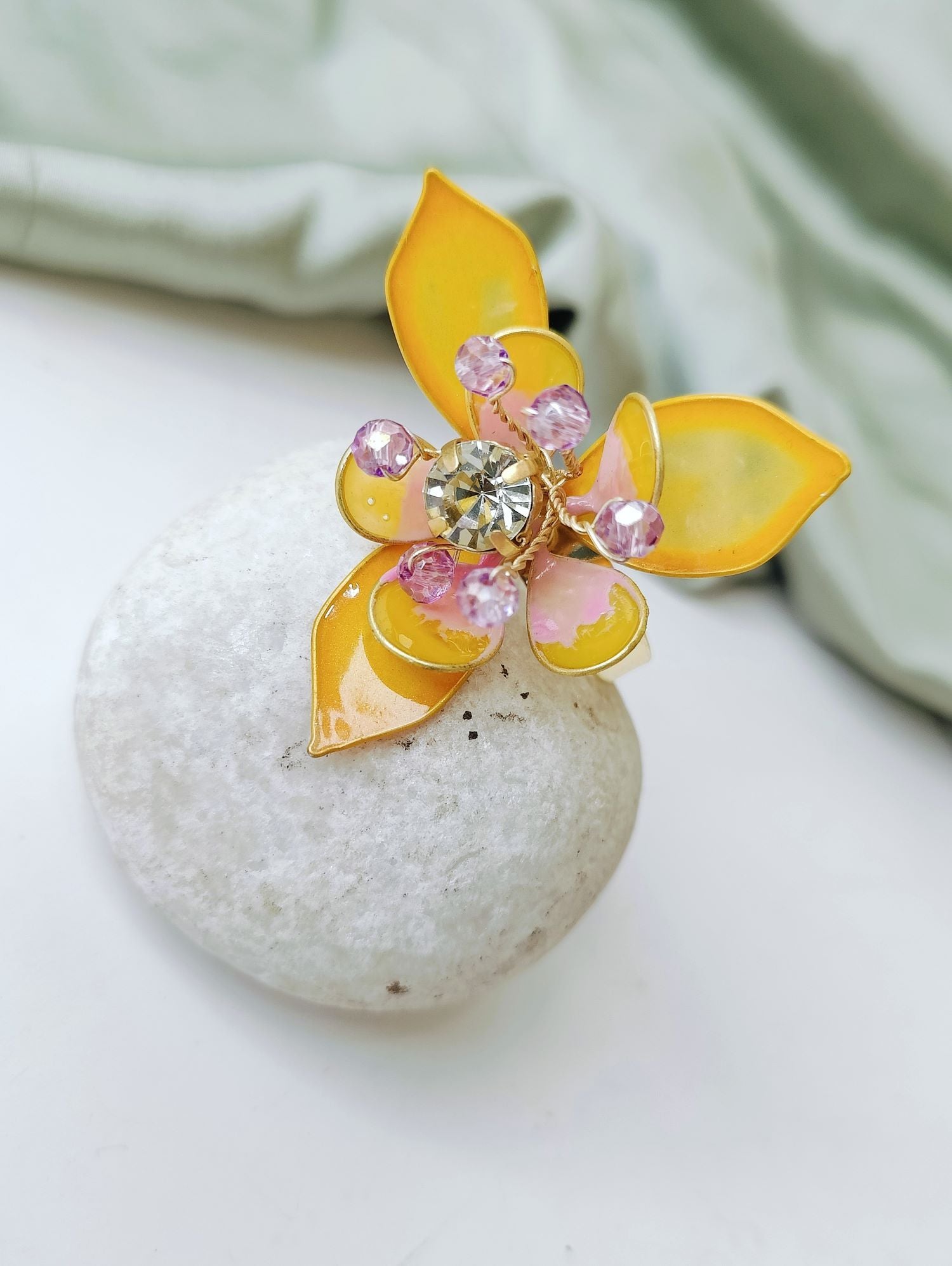 mustard yellow floral resin ring for girls, lightweight bridal jewellery