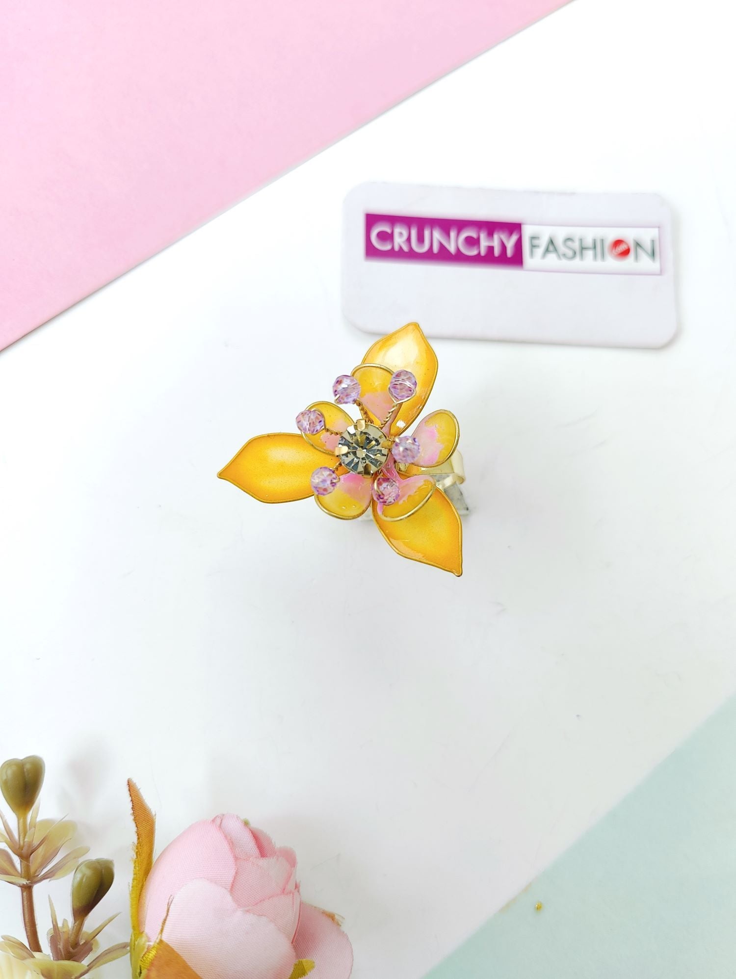 mustard yellow floral resin ring for girls, lightweight bridal jewellery