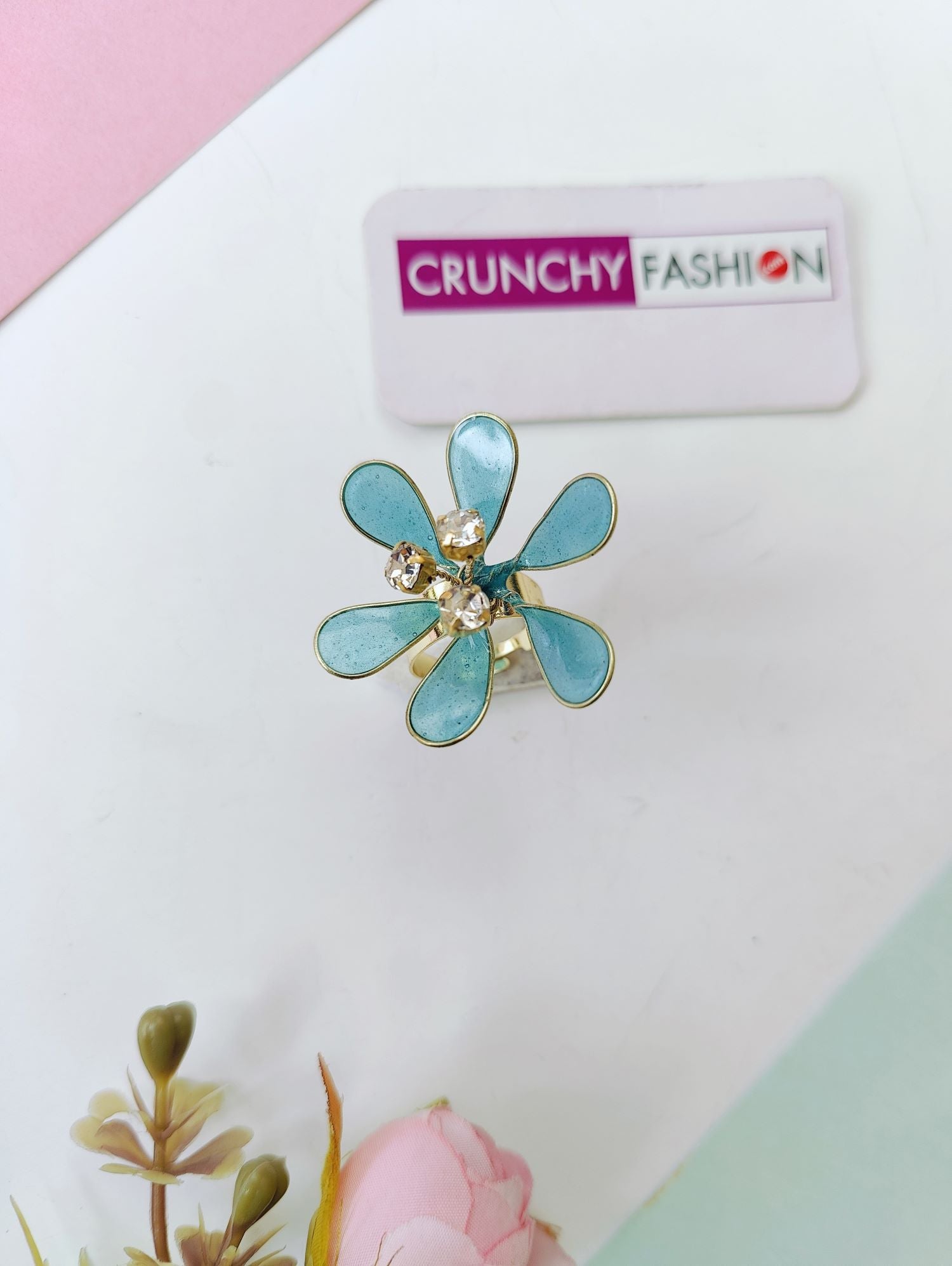 Sky-blue floral beaded resin ring for girl, lightweight handmade