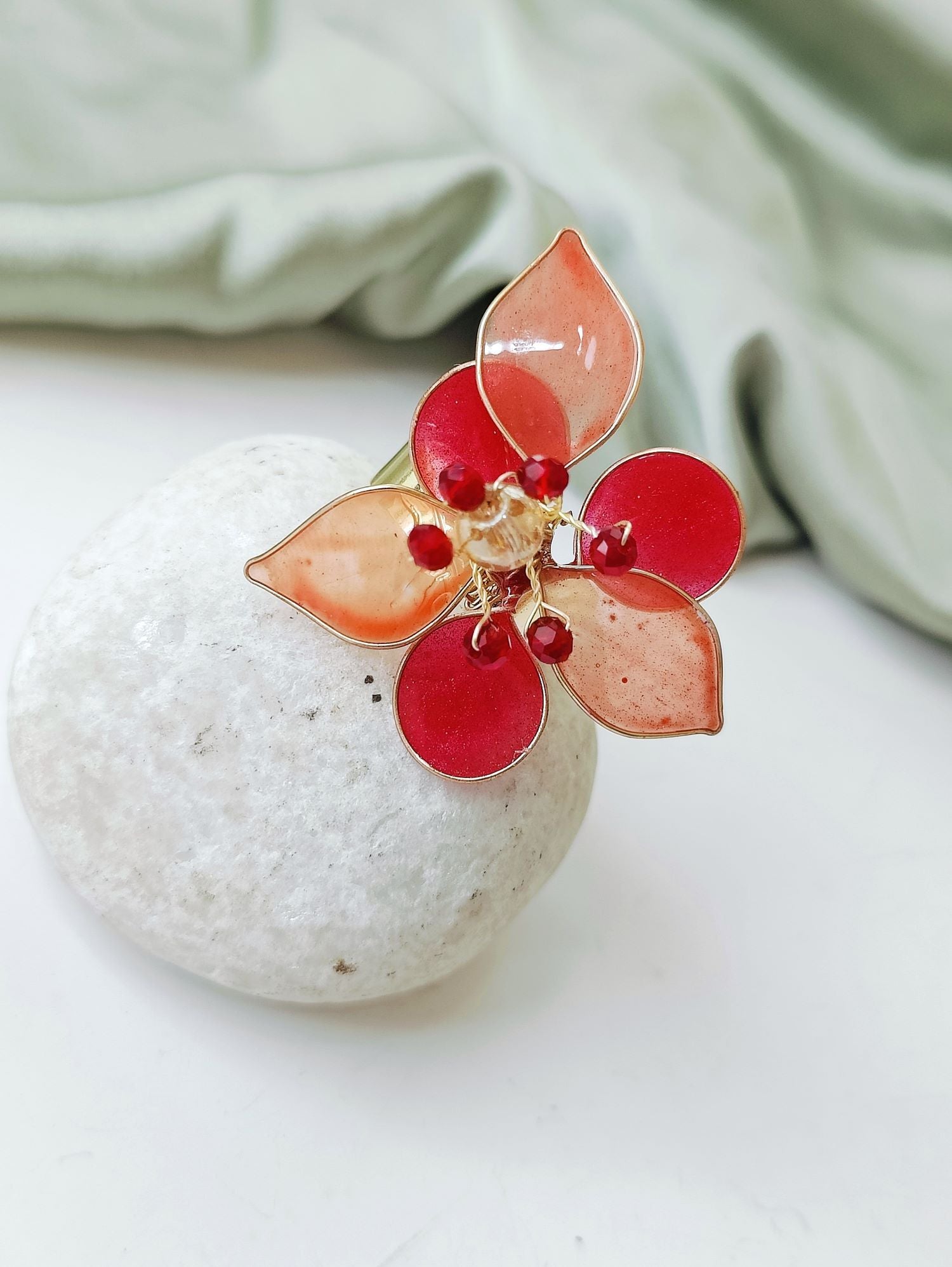 orange and red floral resin ring, lightweight handmade jewelry for girls