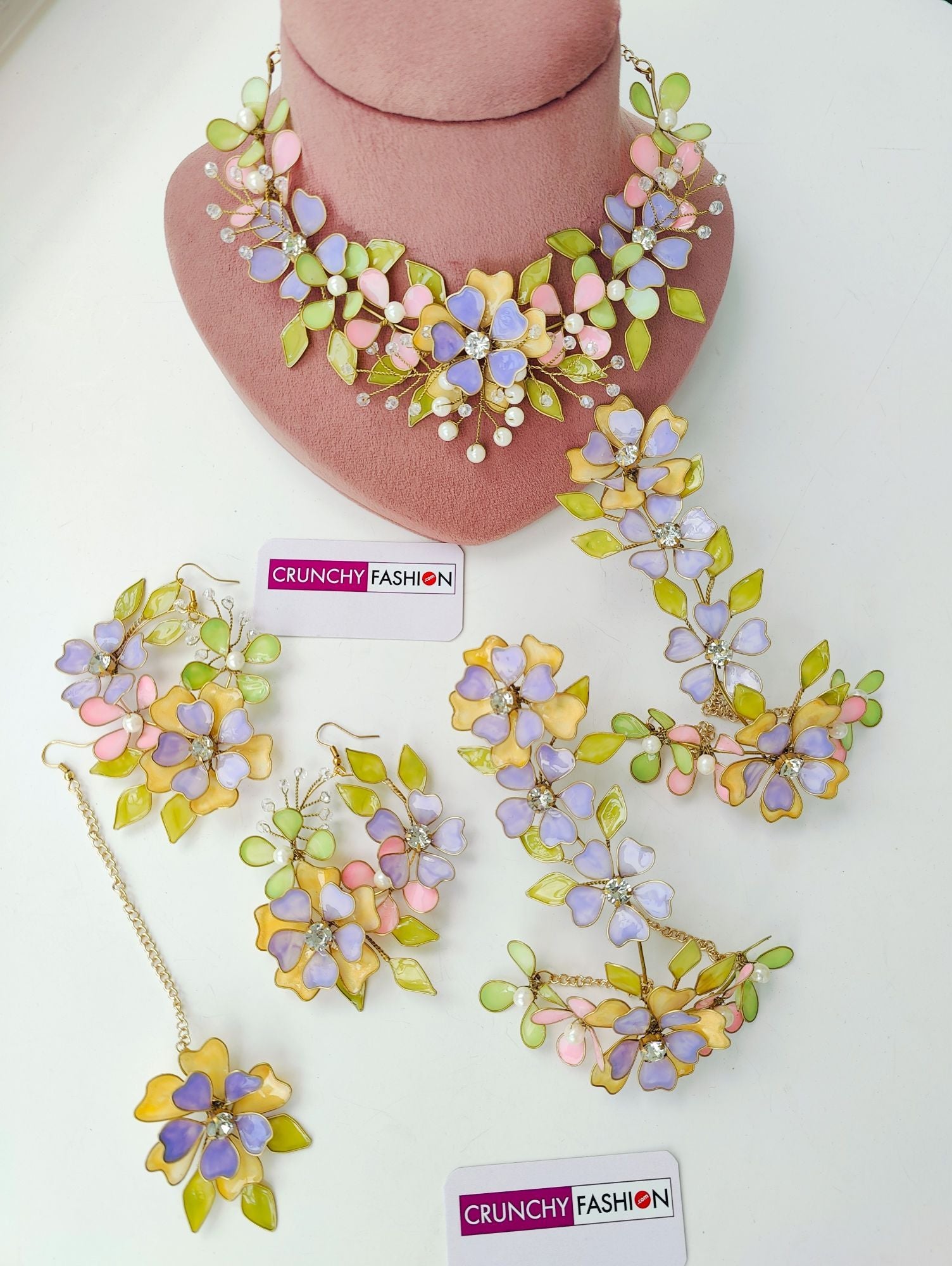 Multicolored handmade resin floral bridal jewellery set in yellow, green, and pink for haldi-mehndi, ideal for women