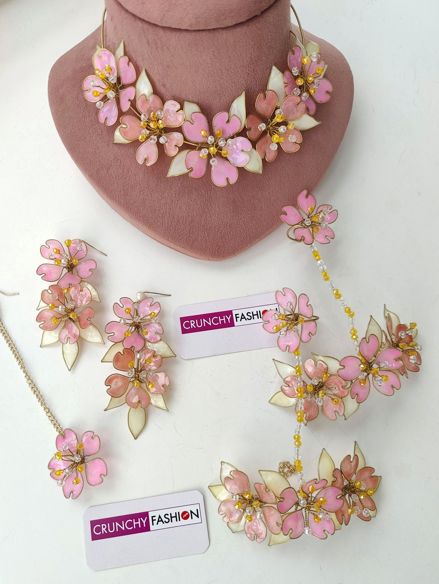Designer pink-peach floral resin and beaded jewellery set for wedding, haldi, mehndi, perfect for brides