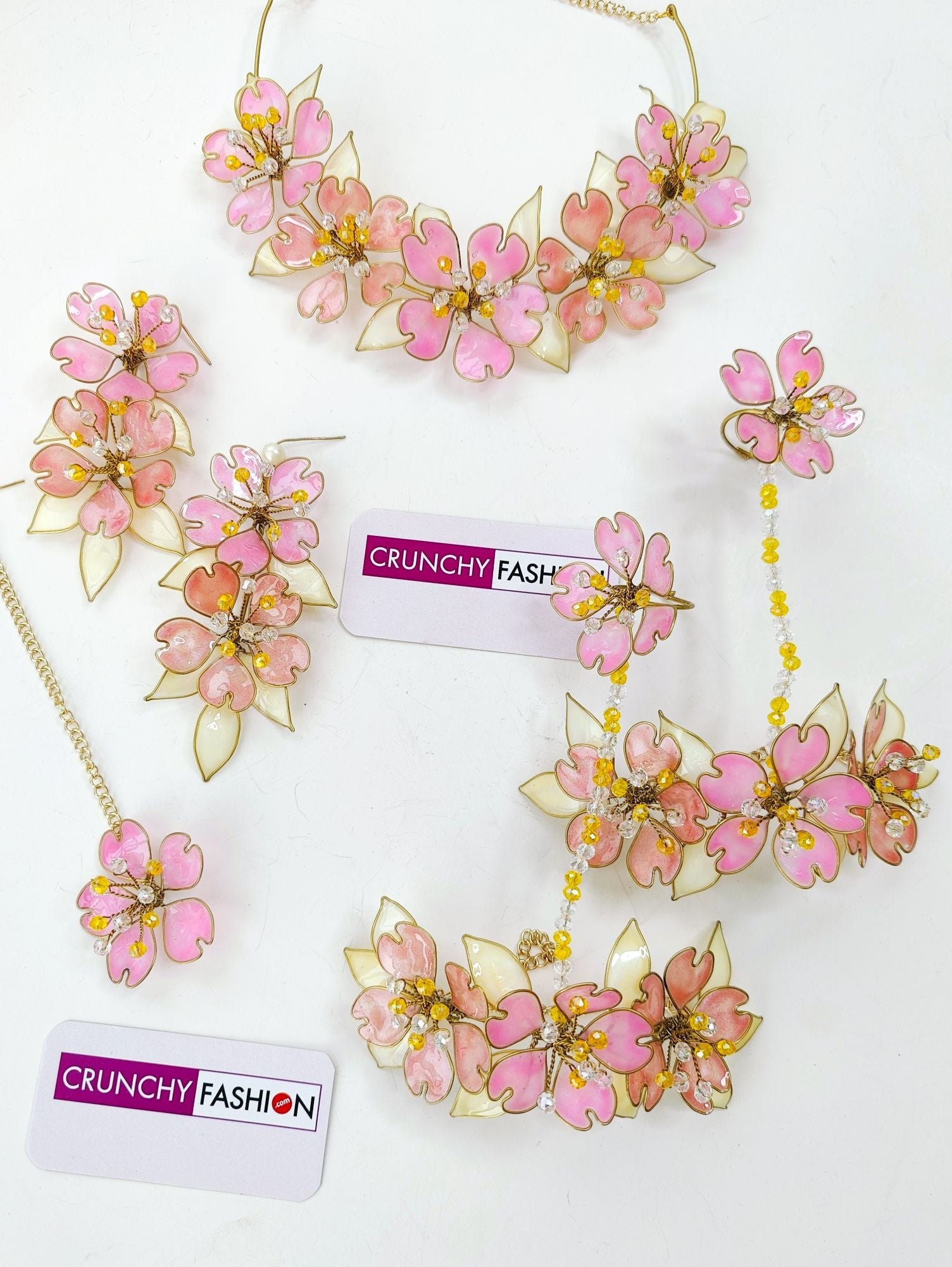 Designer pink-peach floral resin and beaded jewellery set for wedding, haldi, mehndi, perfect for brides