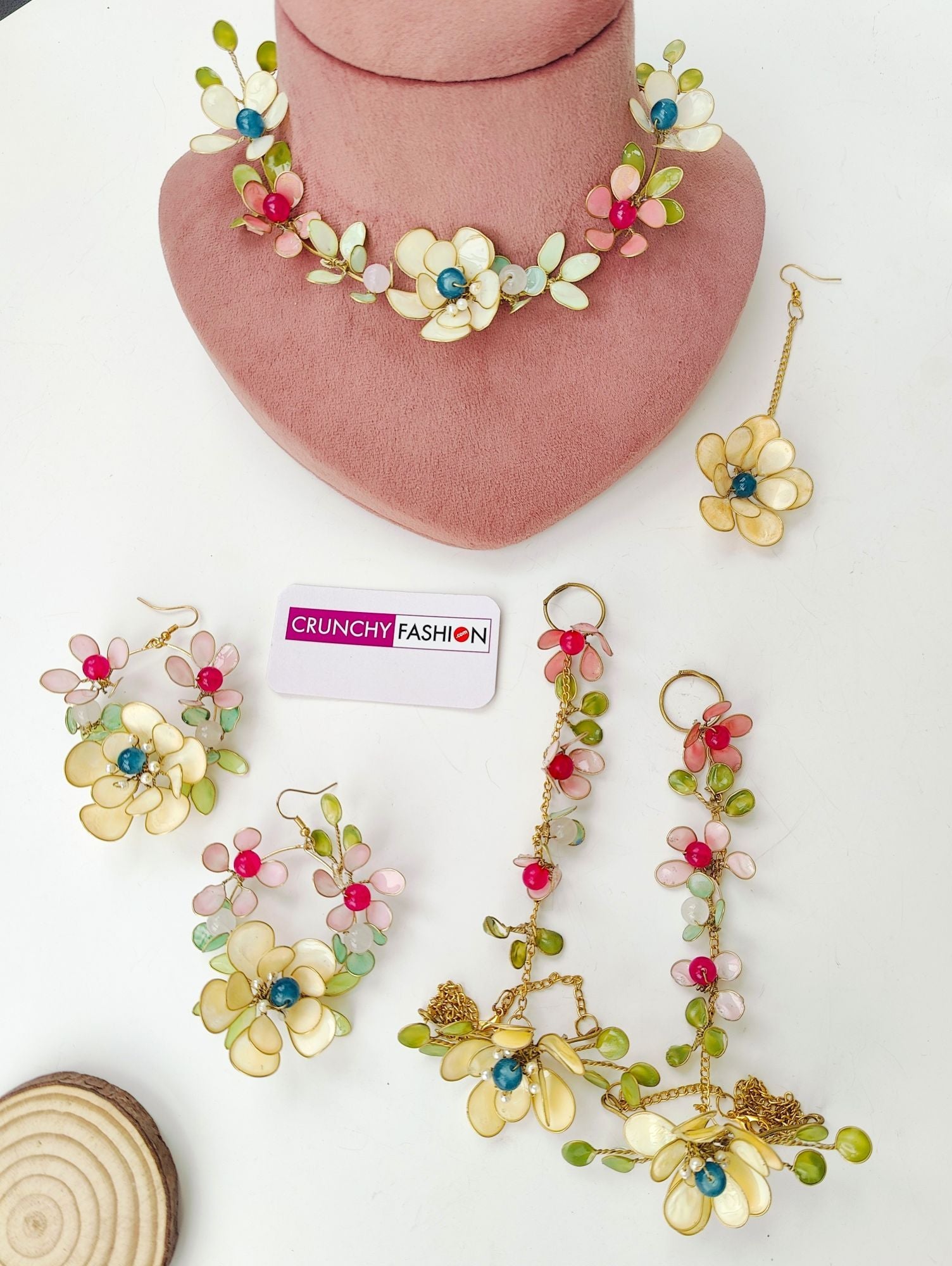 Light yellow pastel floral bridal jewellery set, handmade resin carnival design with gold plating for haldi-mehndi occasion