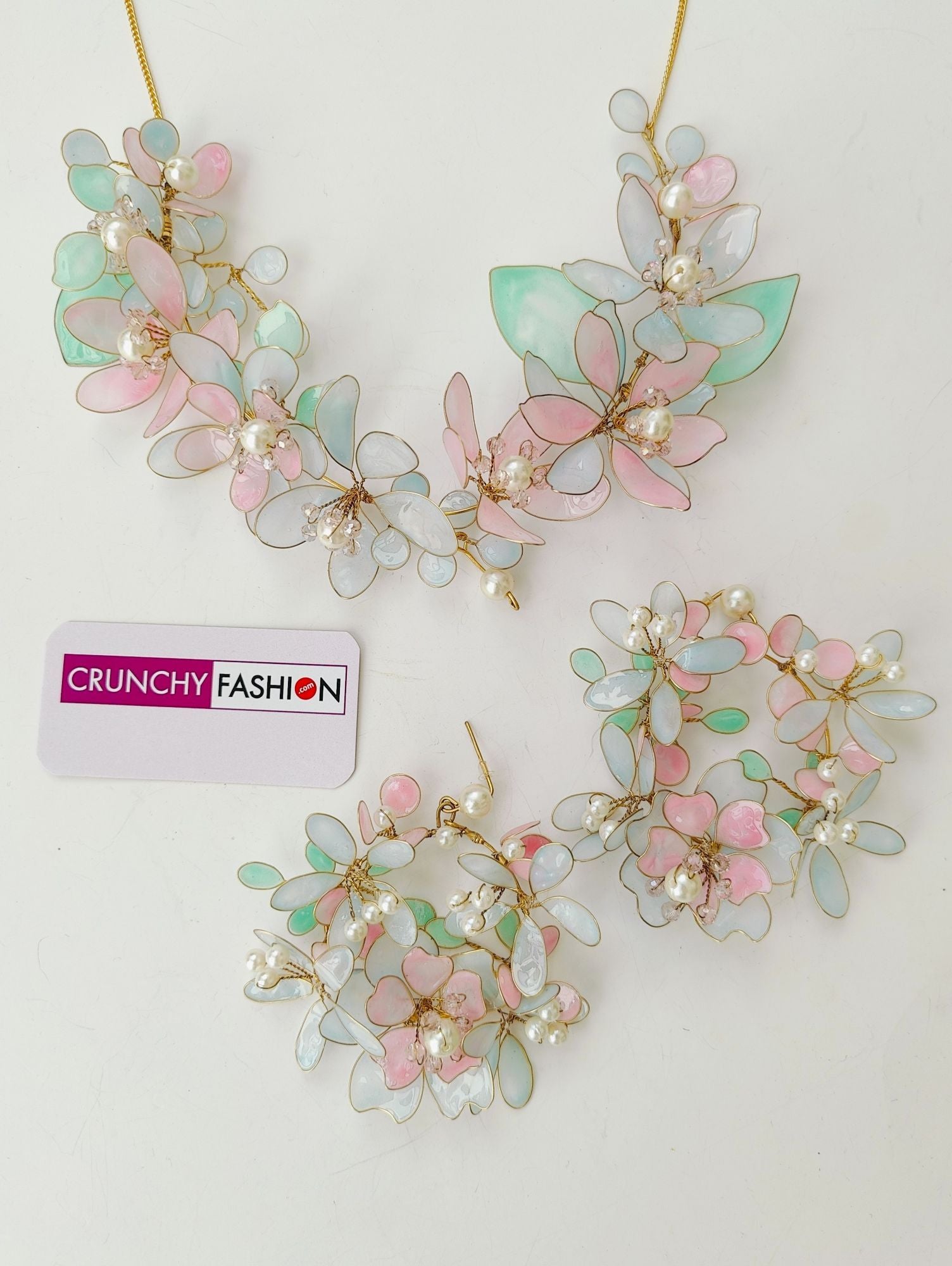 Handmade pink resin bridal jewelry set with delicate floral design for wedding, haldi,|mehandi events.