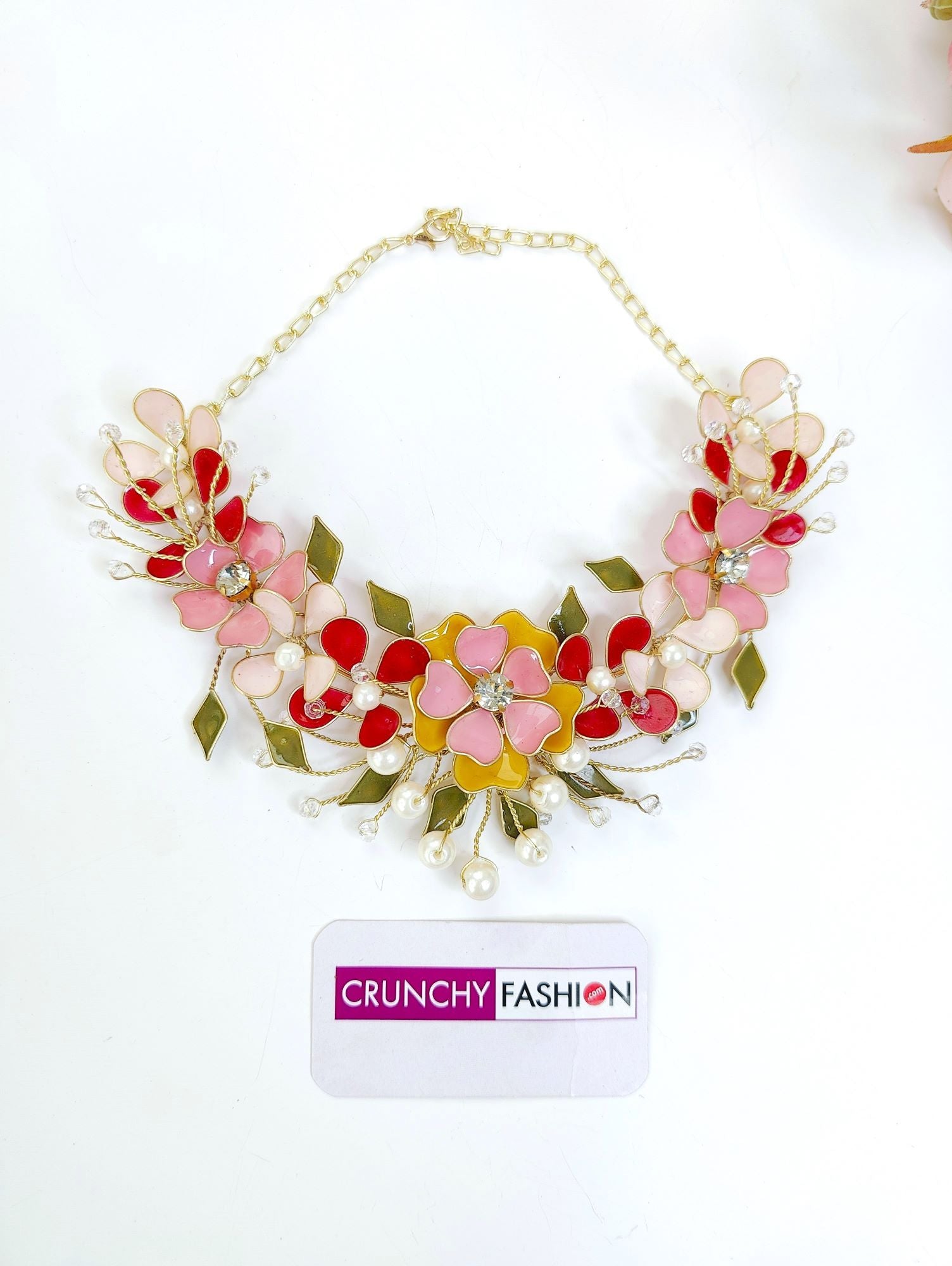 Handmade multicolored floral resin and beaded bridal jewellery set, ideal for haldi and mehndi ceremonies