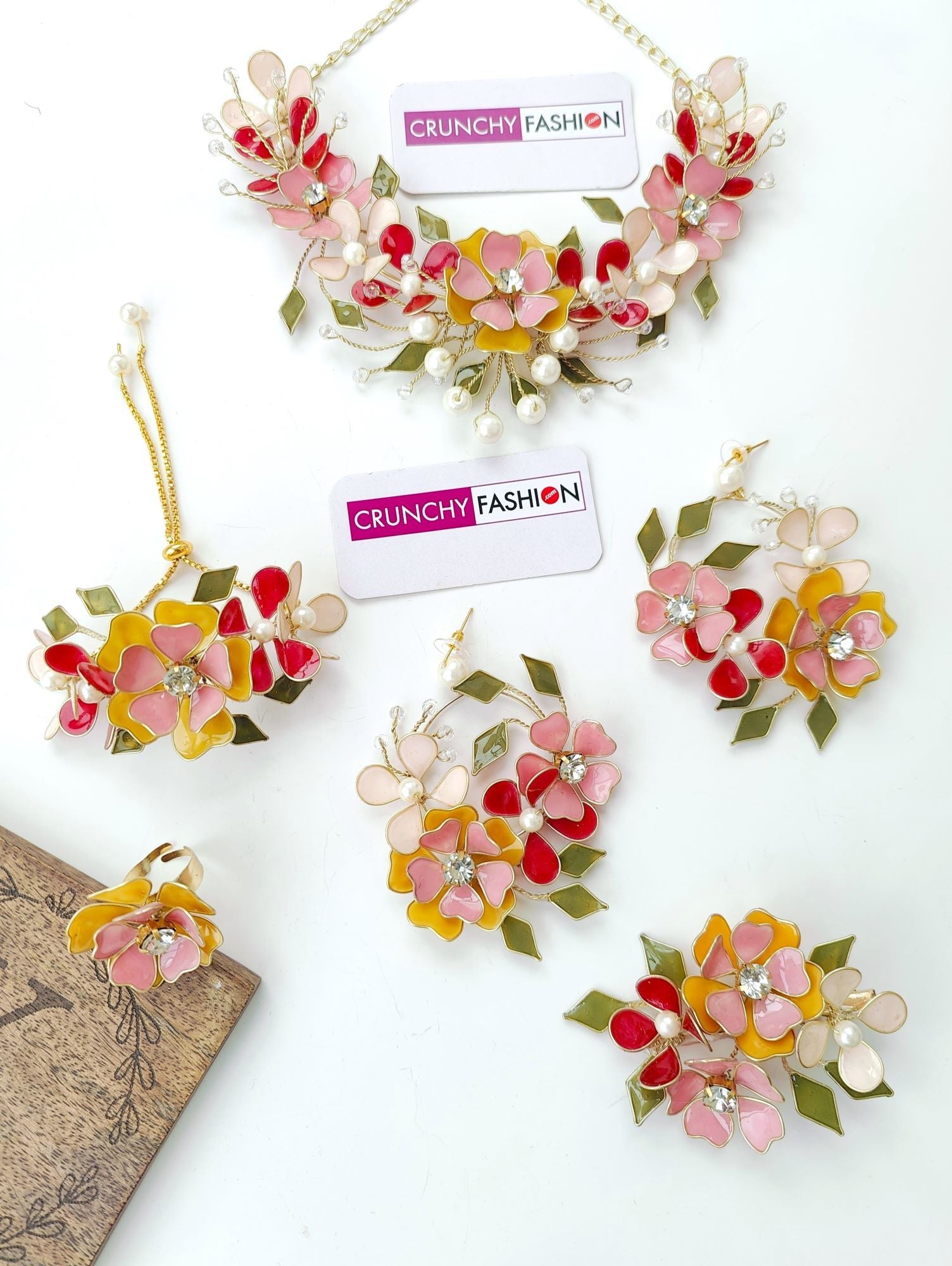 Handmade multicolored floral resin and beaded bridal jewellery set, ideal for haldi and mehndi ceremonies