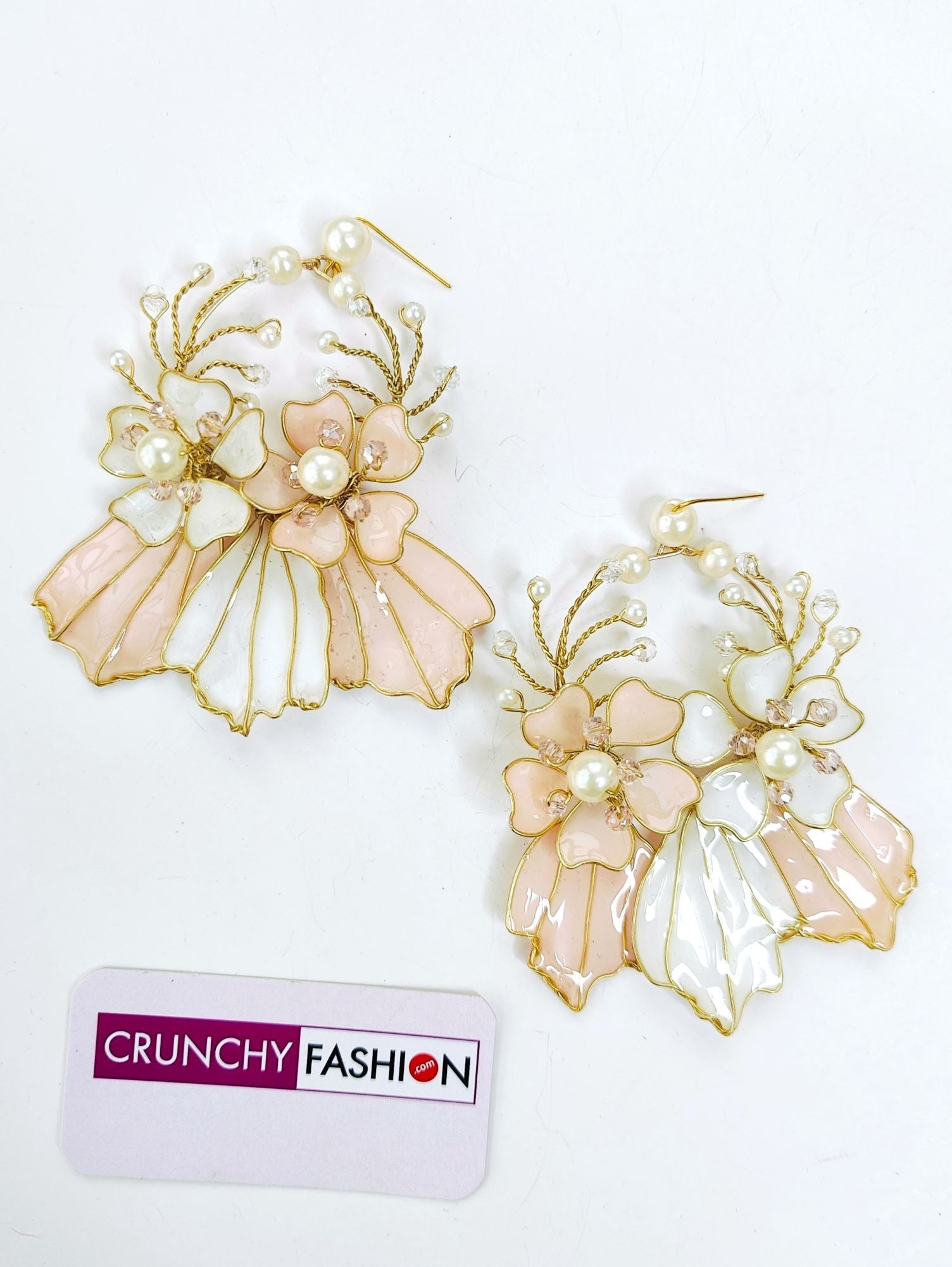 Handmade peach & white floral bridal jewellery set in yellow, green, pink & lavender resin with gold plating for haldi-mehndi