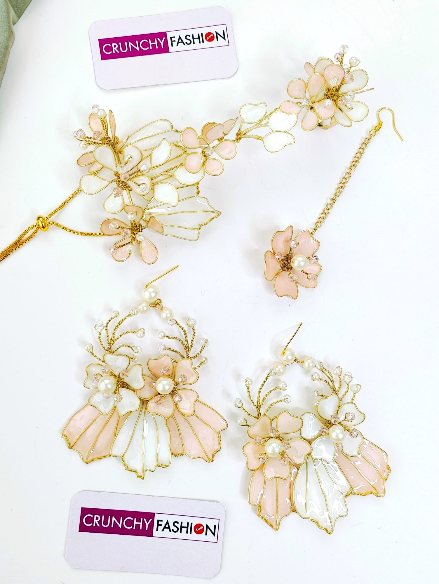 Handmade peach & white floral bridal jewellery set in yellow, green, pink & lavender resin with gold plating for haldi-mehndi