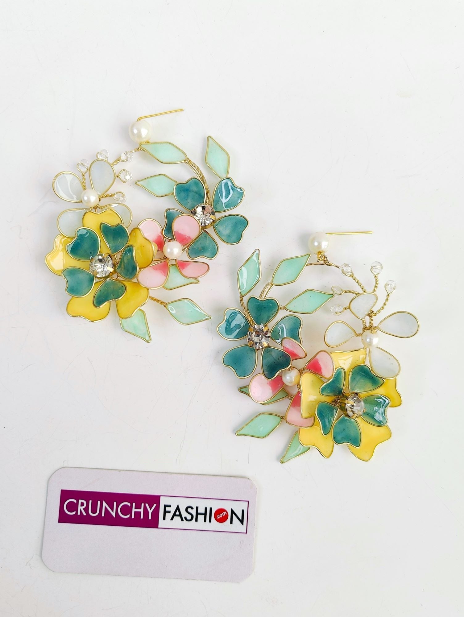 Handmade floral resin jewellery in yellow, green, pink, lavender with gold plating for brides, wedding, haldi, mehndi