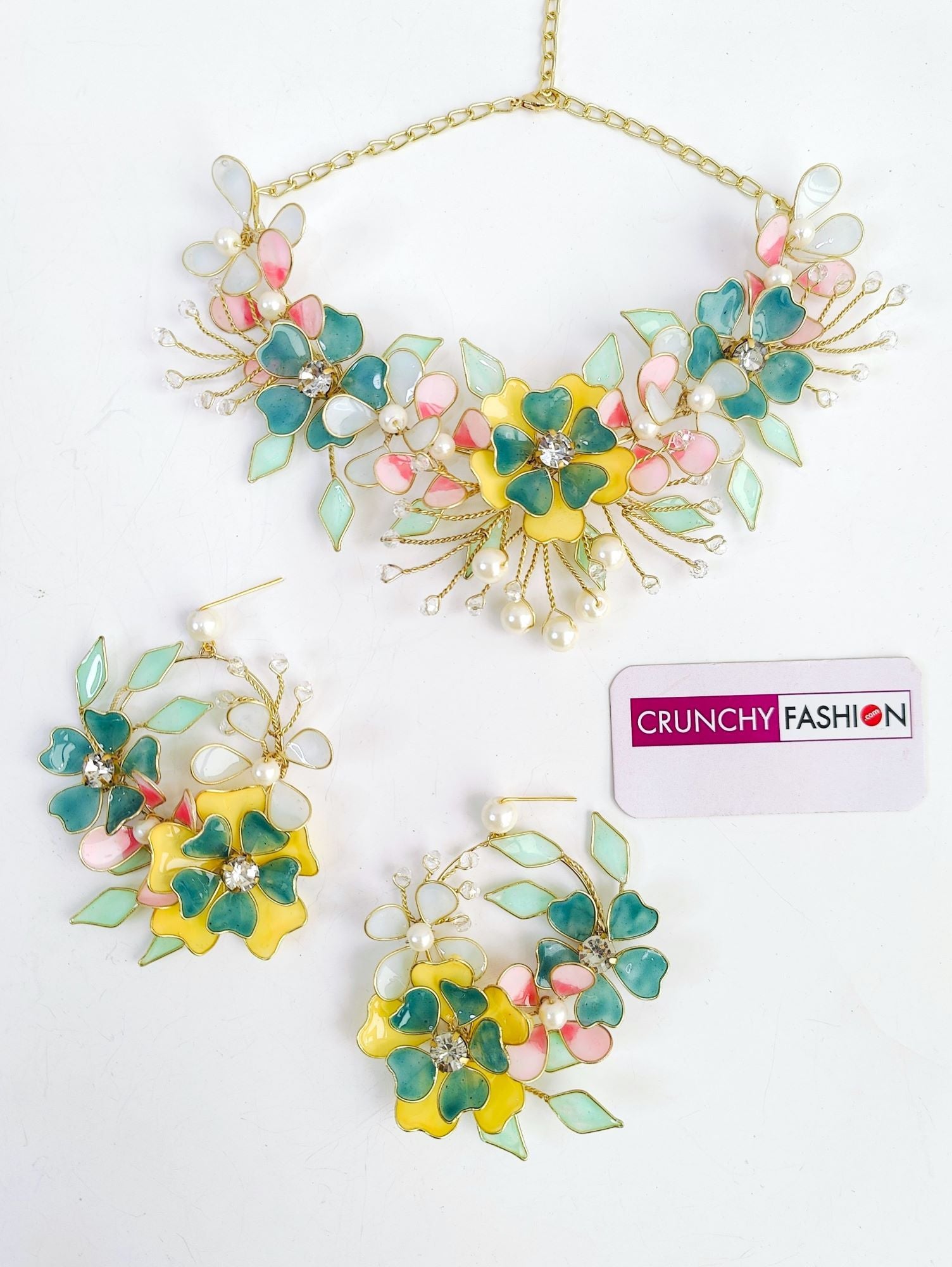 Handmade floral resin jewellery in yellow, green, pink, lavender with gold plating for brides, wedding, haldi, mehndi