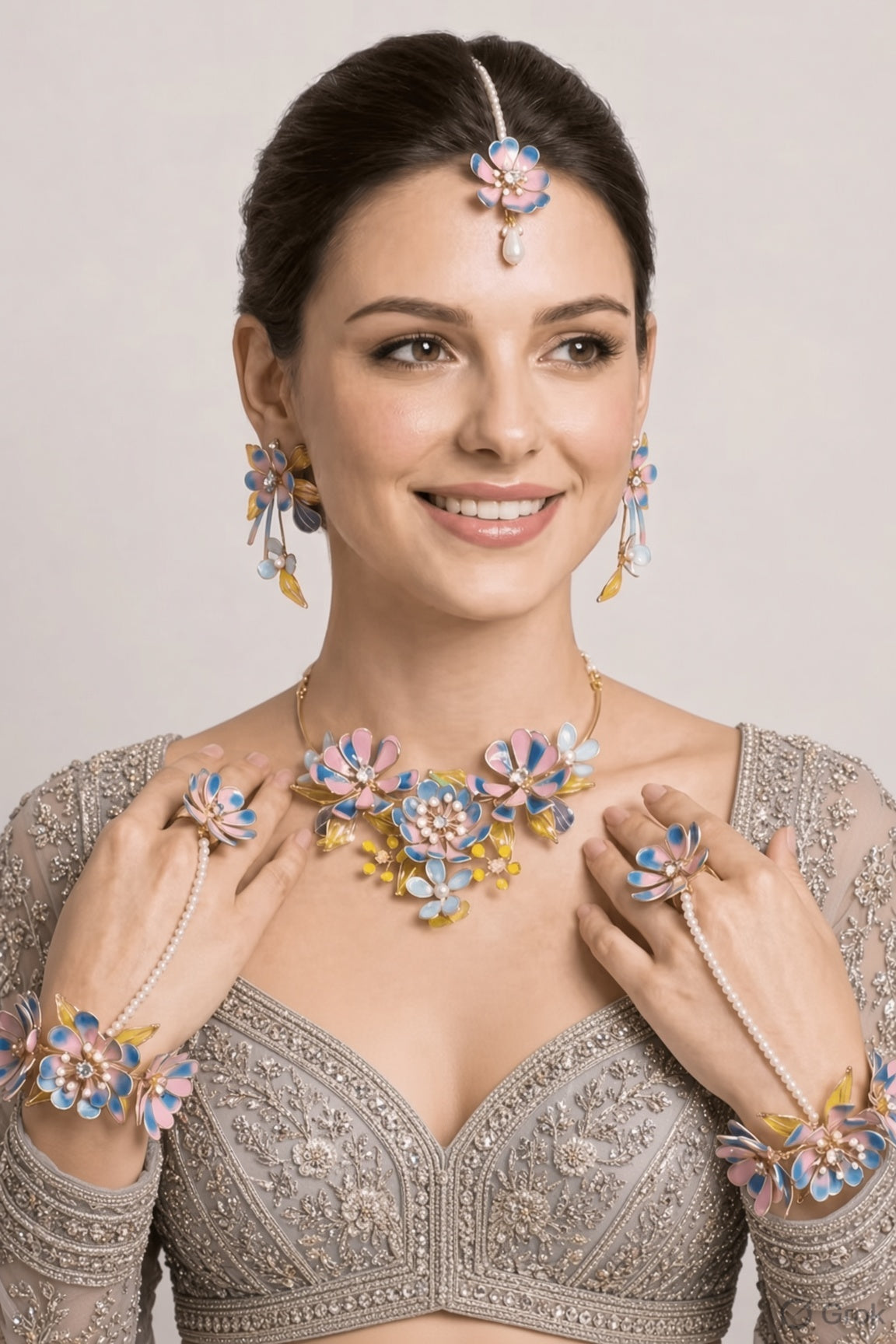 Multicolored floral resin jewellery set with gold plating for haldi and mehndi ceremonies, ideal for brides
