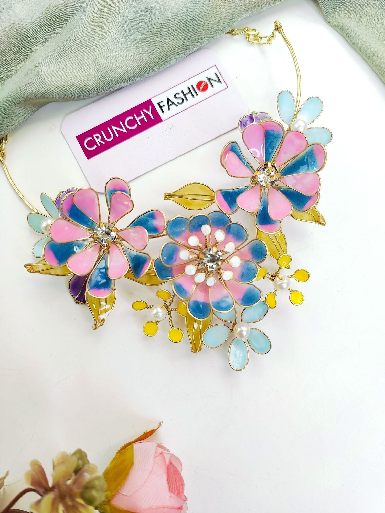 Handmade pink-turquoise bridal jewellery set with pastel floral design, ideal for haldi-mehndi ceremony