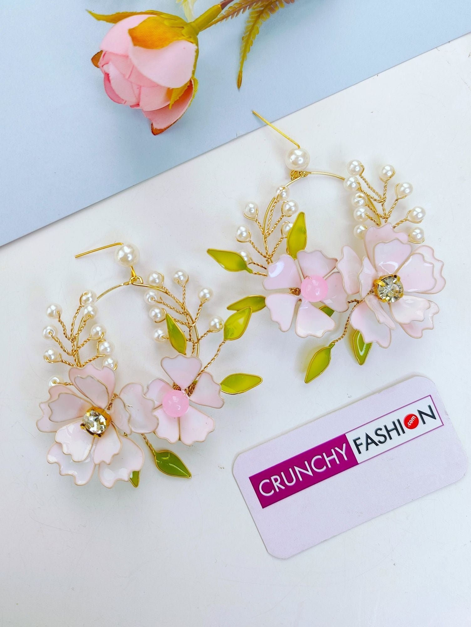 Handmade light pink floral resin jewellery set with gold plating, ideal for wedding events like haldi and mehndi