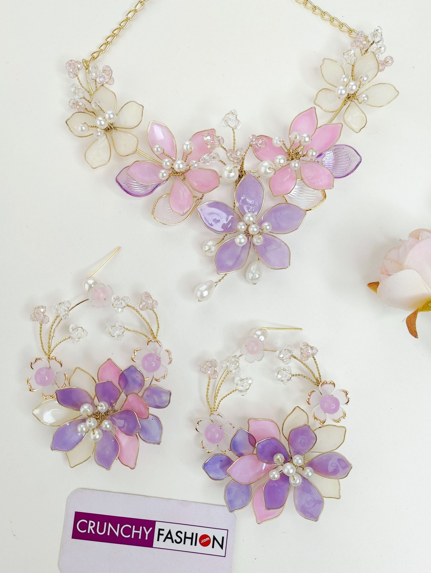 Handmade Resin Carnival jewelry with pink-lavender floral design, perfect for haldi-mehndi brides.