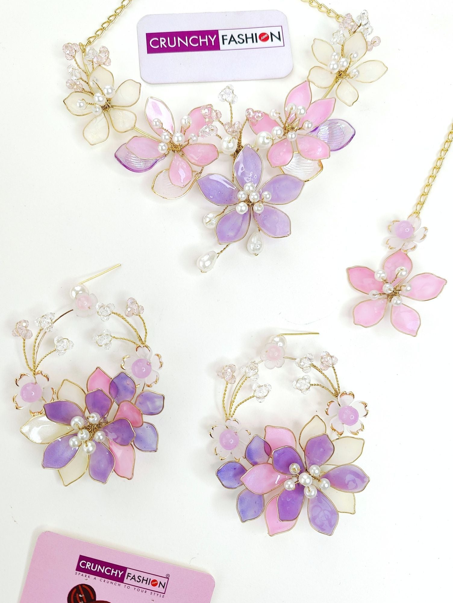 Handmade Resin Carnival jewelry with pink-lavender floral design, perfect for haldi-mehndi brides.