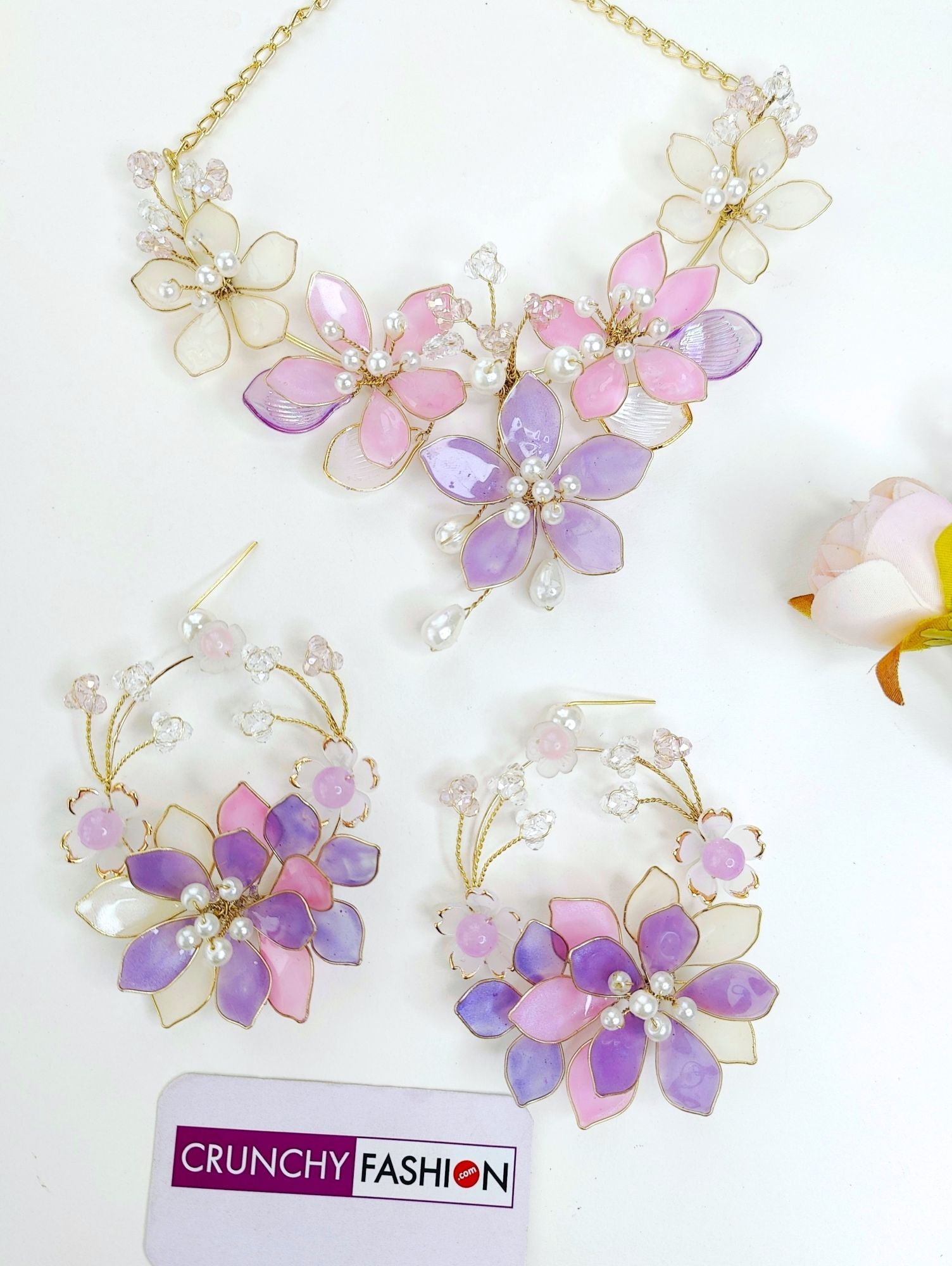 Handmade Resin Carnival jewelry with pink-lavender floral design, perfect for haldi-mehndi brides.