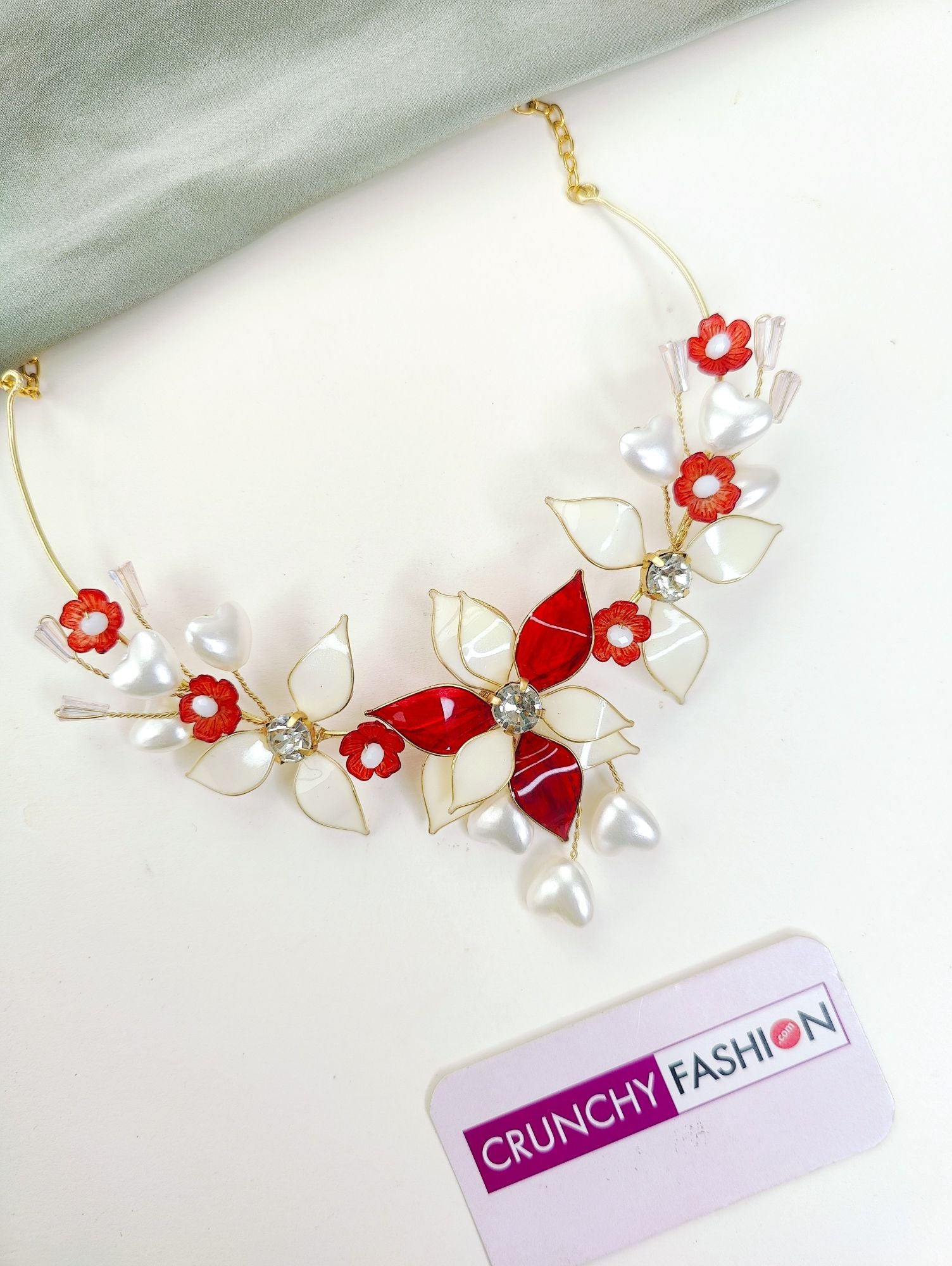 Handmade red-off white floral resin carnival jewellery set for brides, perfect for haldi-mehndi ceremonies