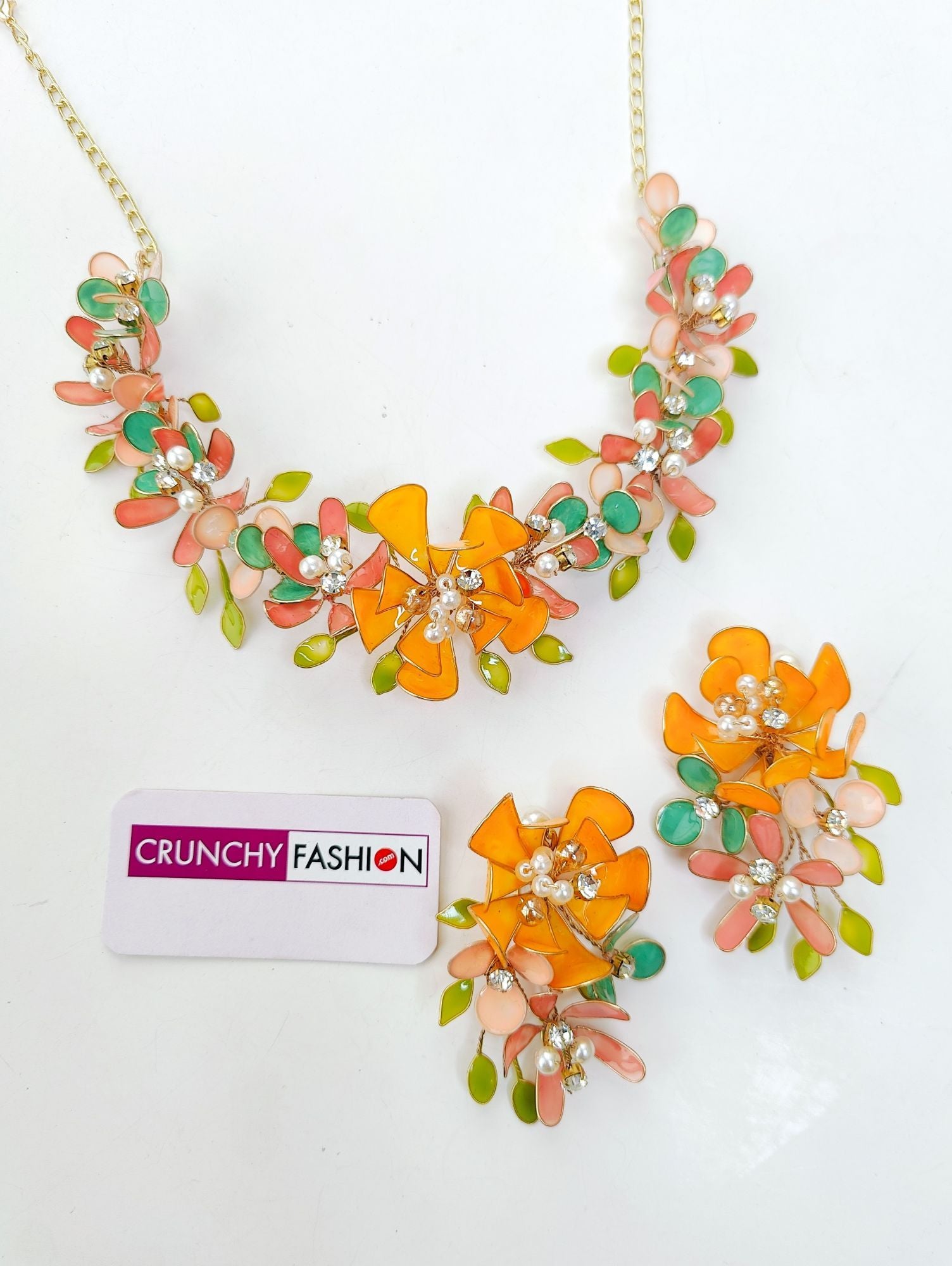 Handmade orange-pink floral resin carnival jewellery set, ideal for women on haldi-mehndi weddings.