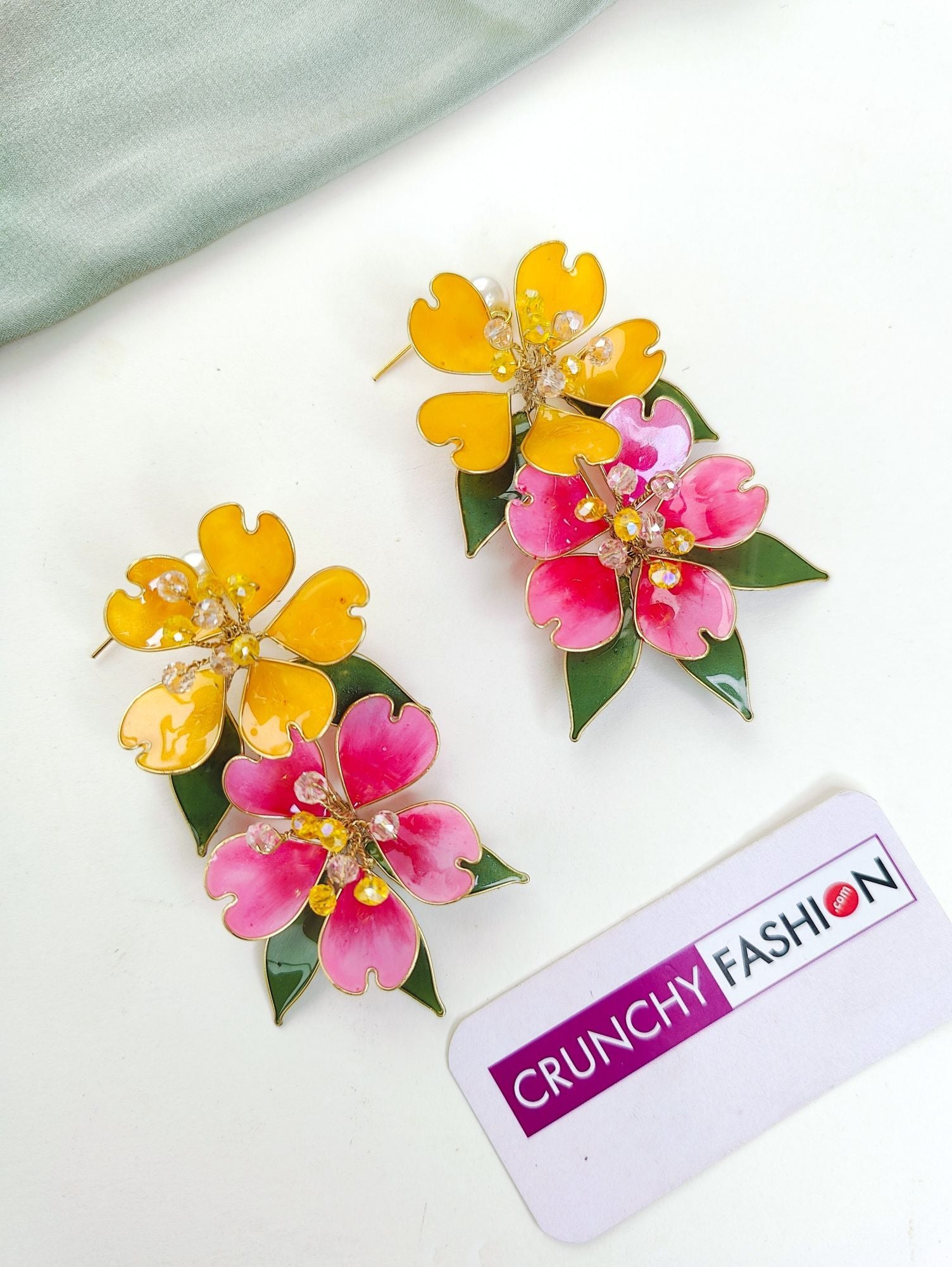 Handmade Yellow-Pink floral resin bridal jewellery set with gold plating, perfect for haldi-mehndi in 2025 weddings.