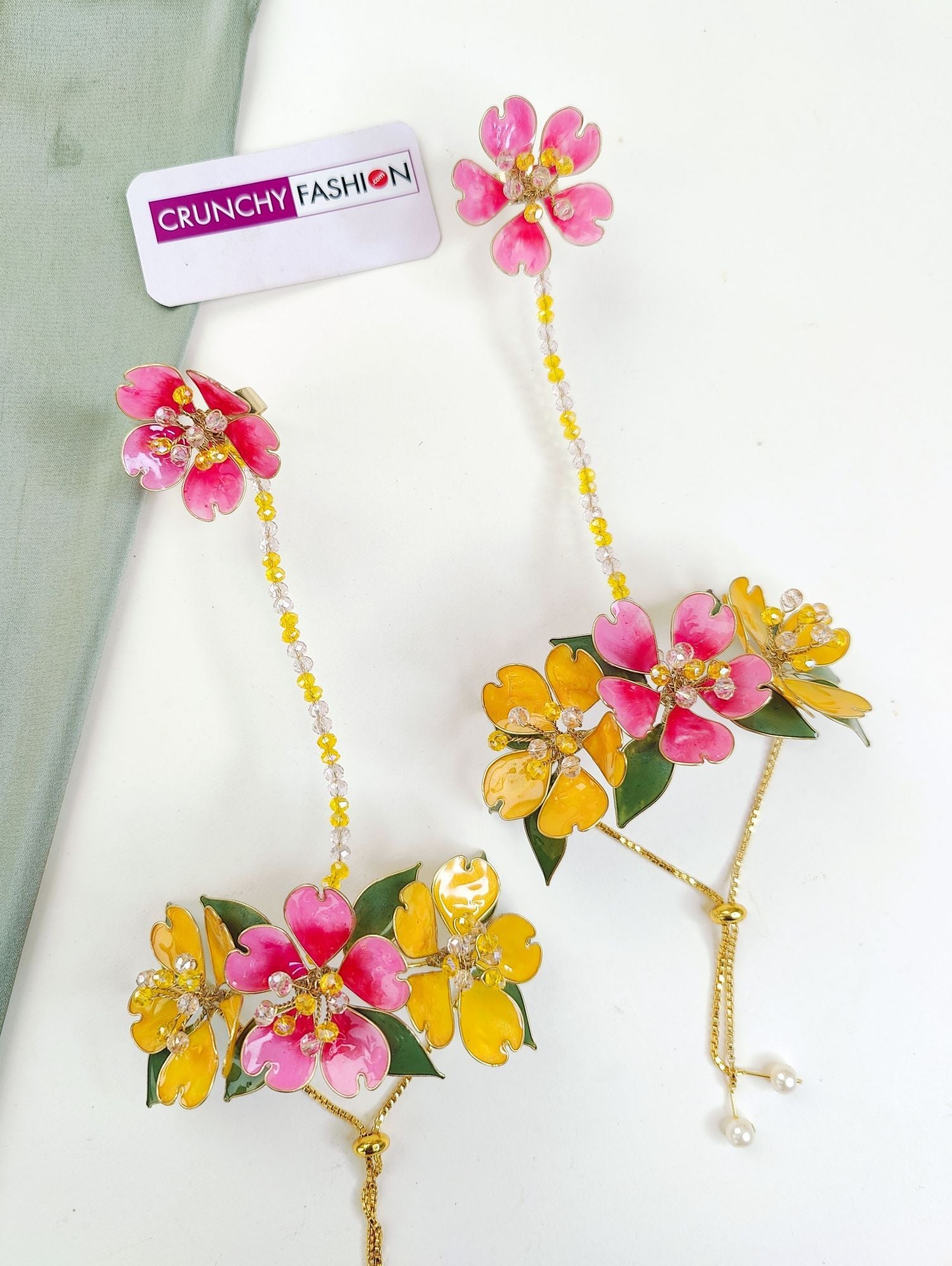 Handmade Yellow-Pink floral resin bridal jewellery set with gold plating, perfect for haldi-mehndi in 2025 weddings.