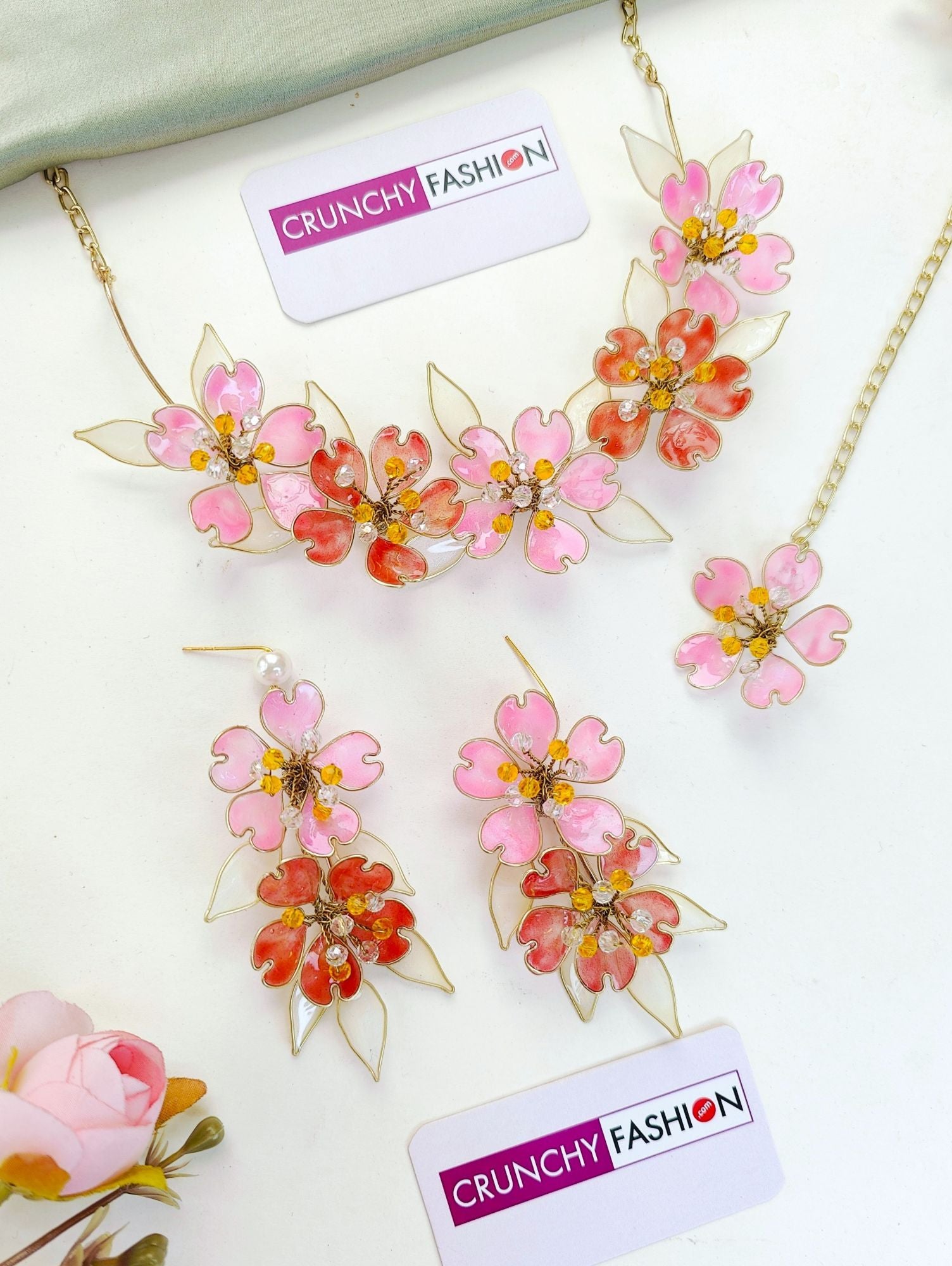 Carnival Blossom: Pink-Orange Floral Haldi-Mehndi Bridal Jewellery Set