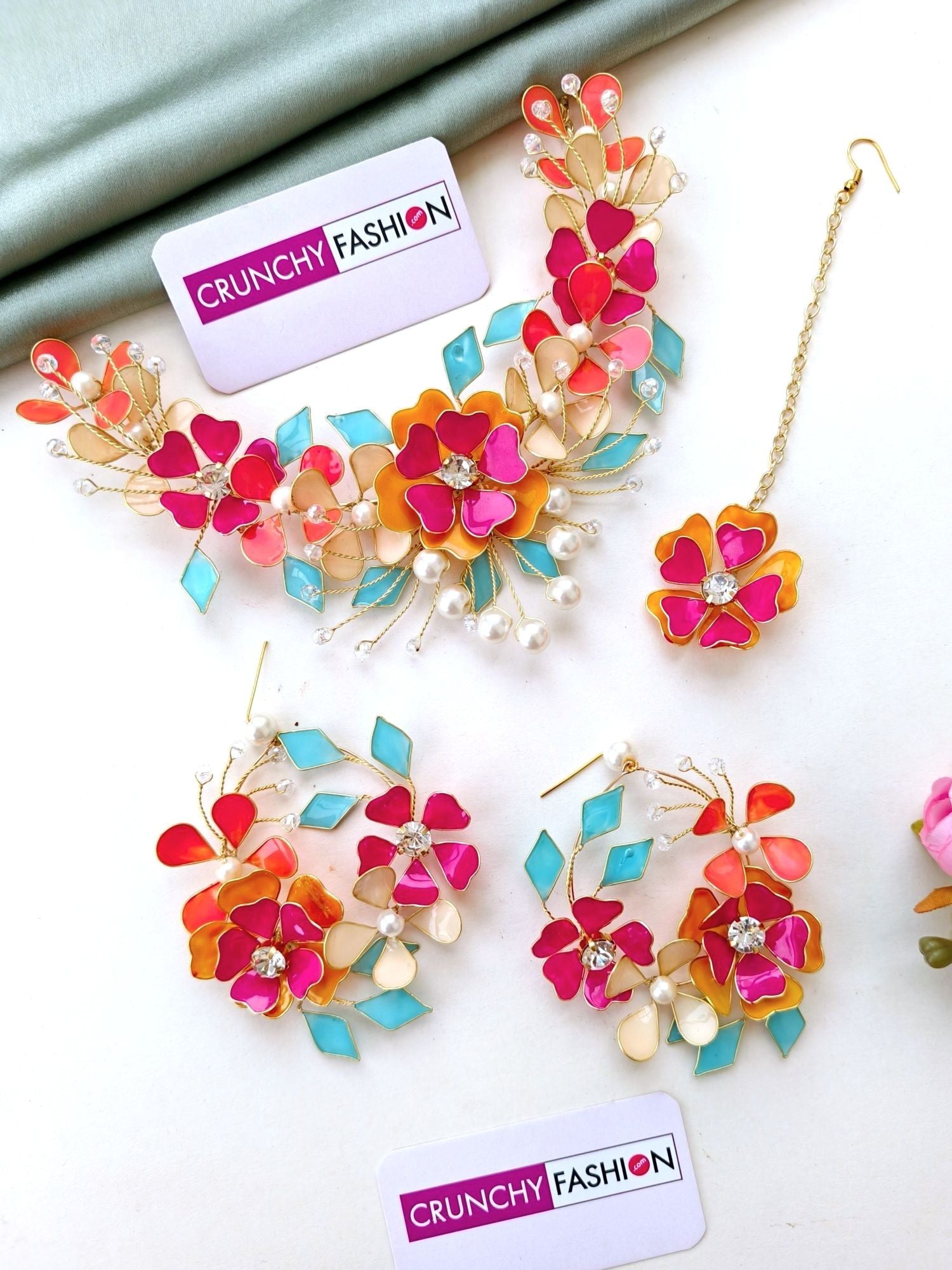 Handcrafted Resin Carnival Floral Bridal Jewellery Set in Multicolor for Haldi-Mehndi Celebration