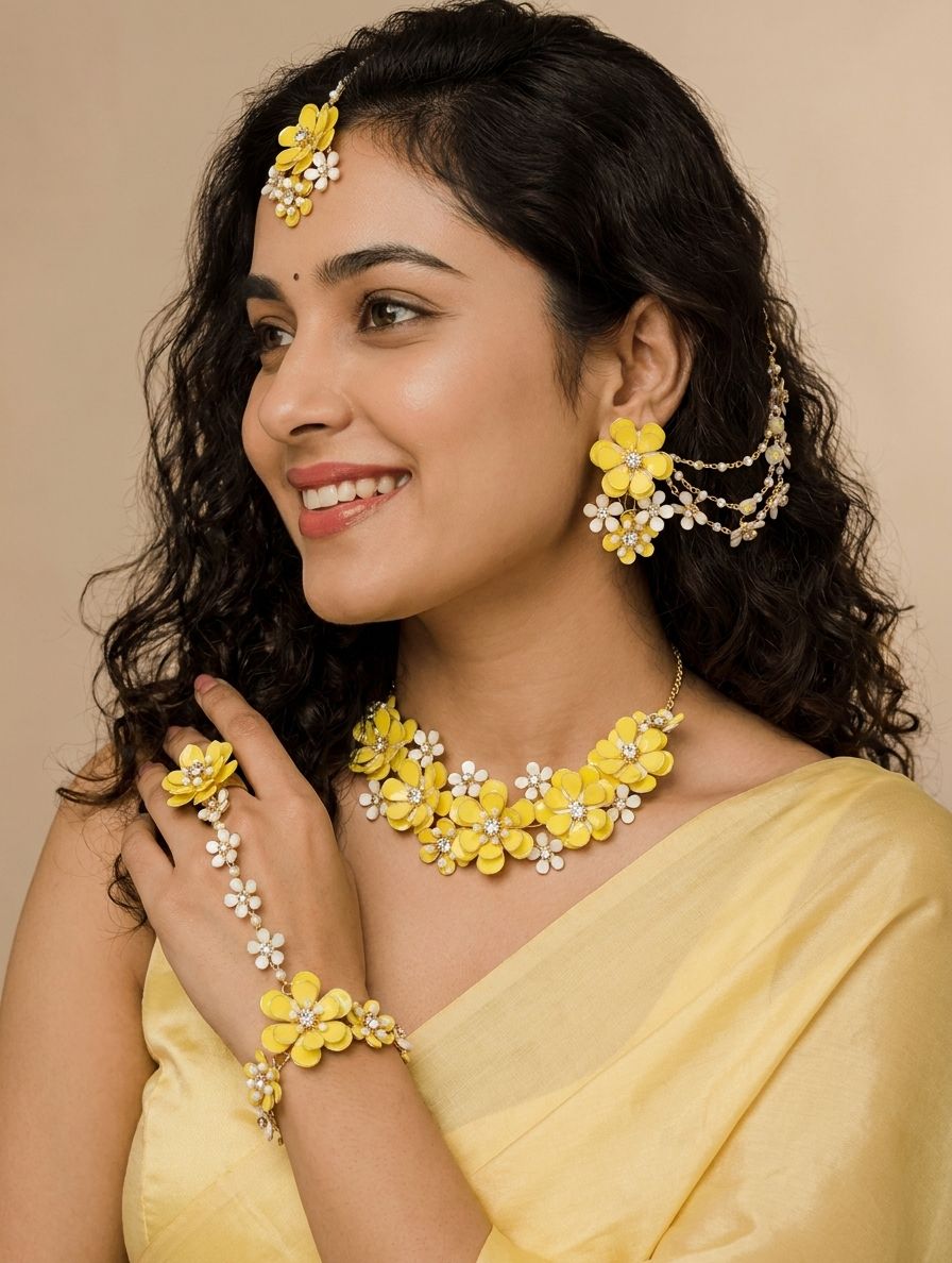 Zinnia Floral Jewellery Set with Ear Chains