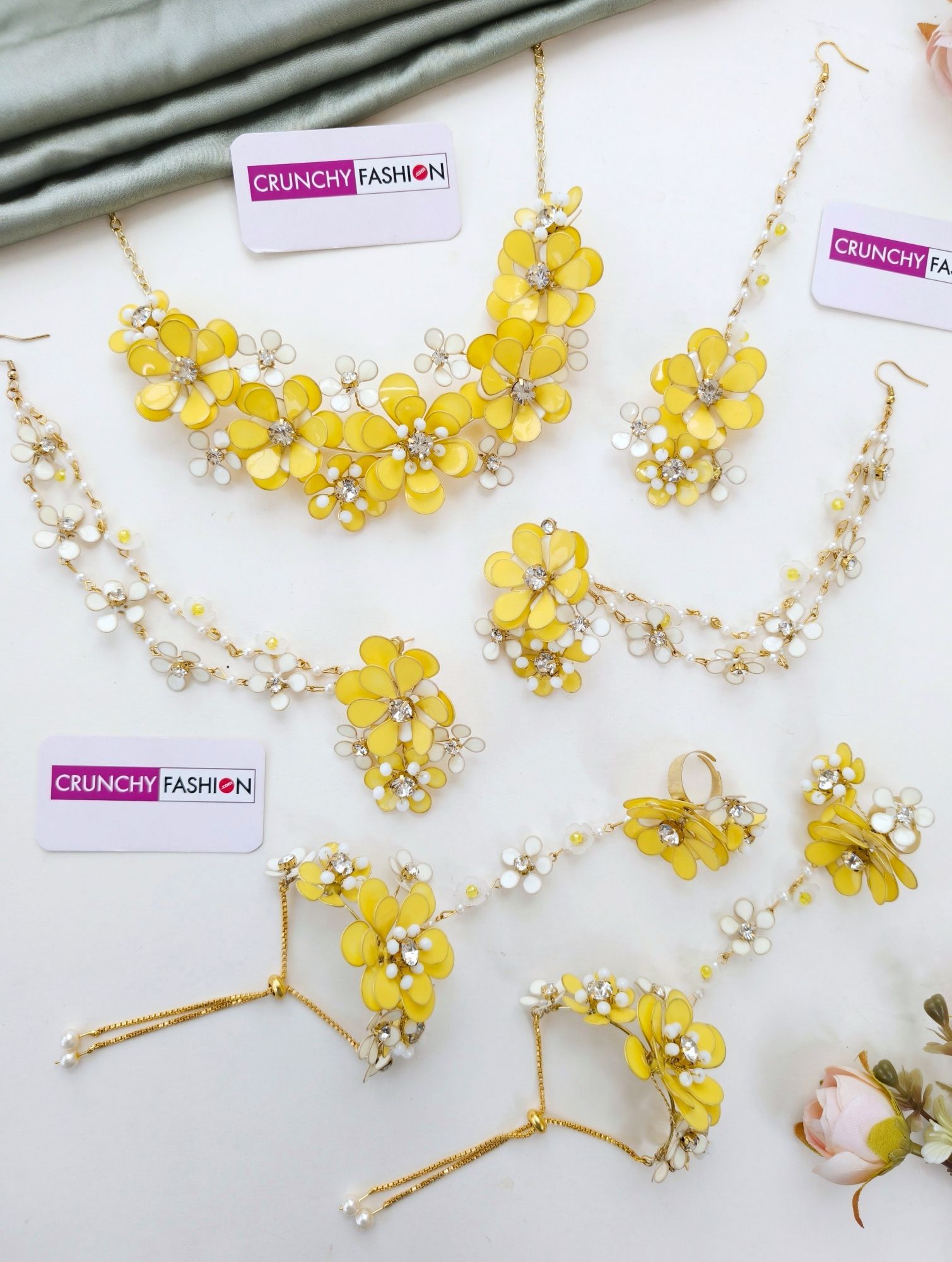 Handcrafted Floral Resin Carnival Bridal Jewellery Set in Yellow-White for Haldi-Mehndi