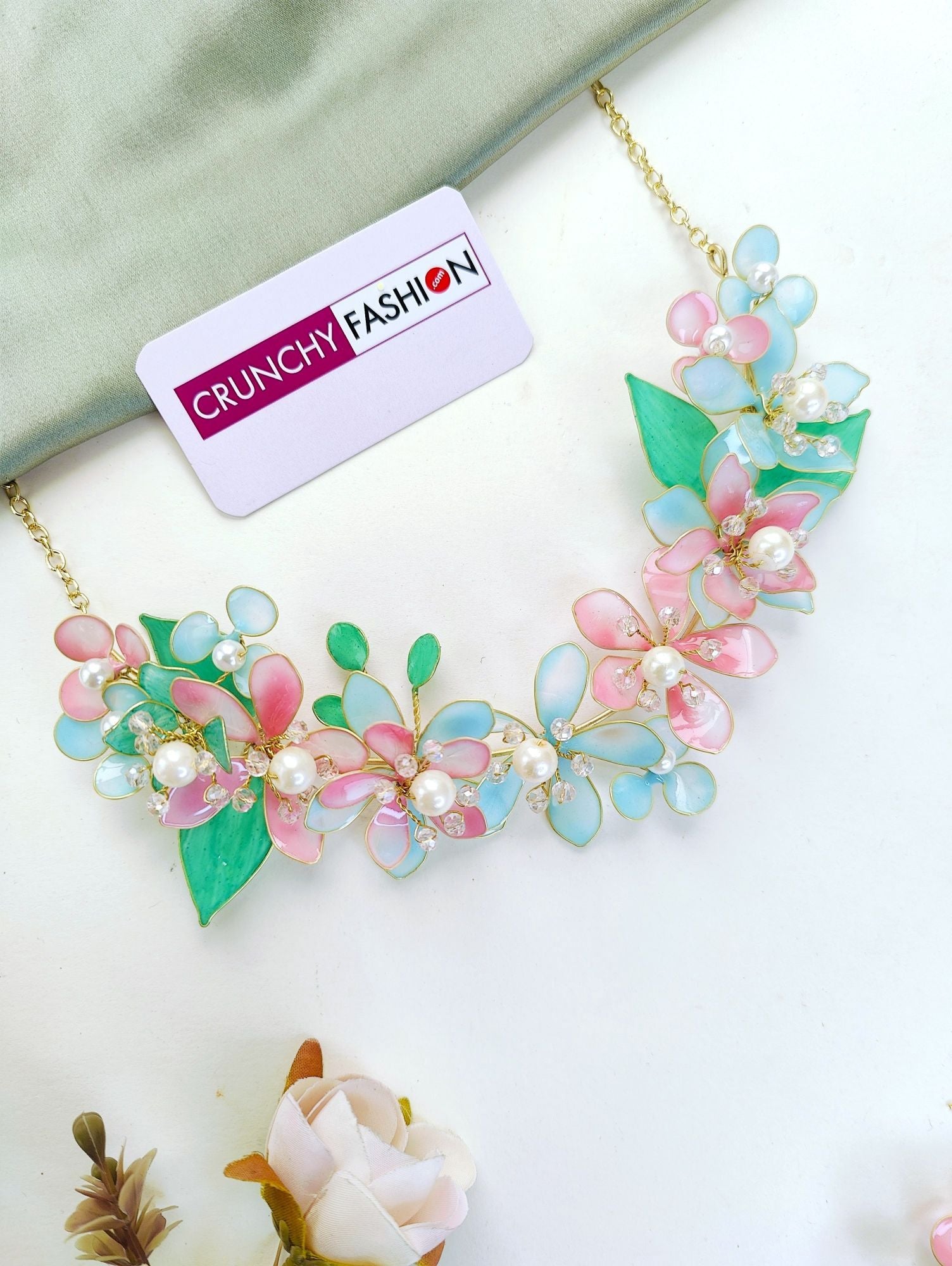 Bridal Bloom Resin Artistry: Handmade Pink and Powder Blue Floral Jewellery Set for Haldi and Mehndi Occasions