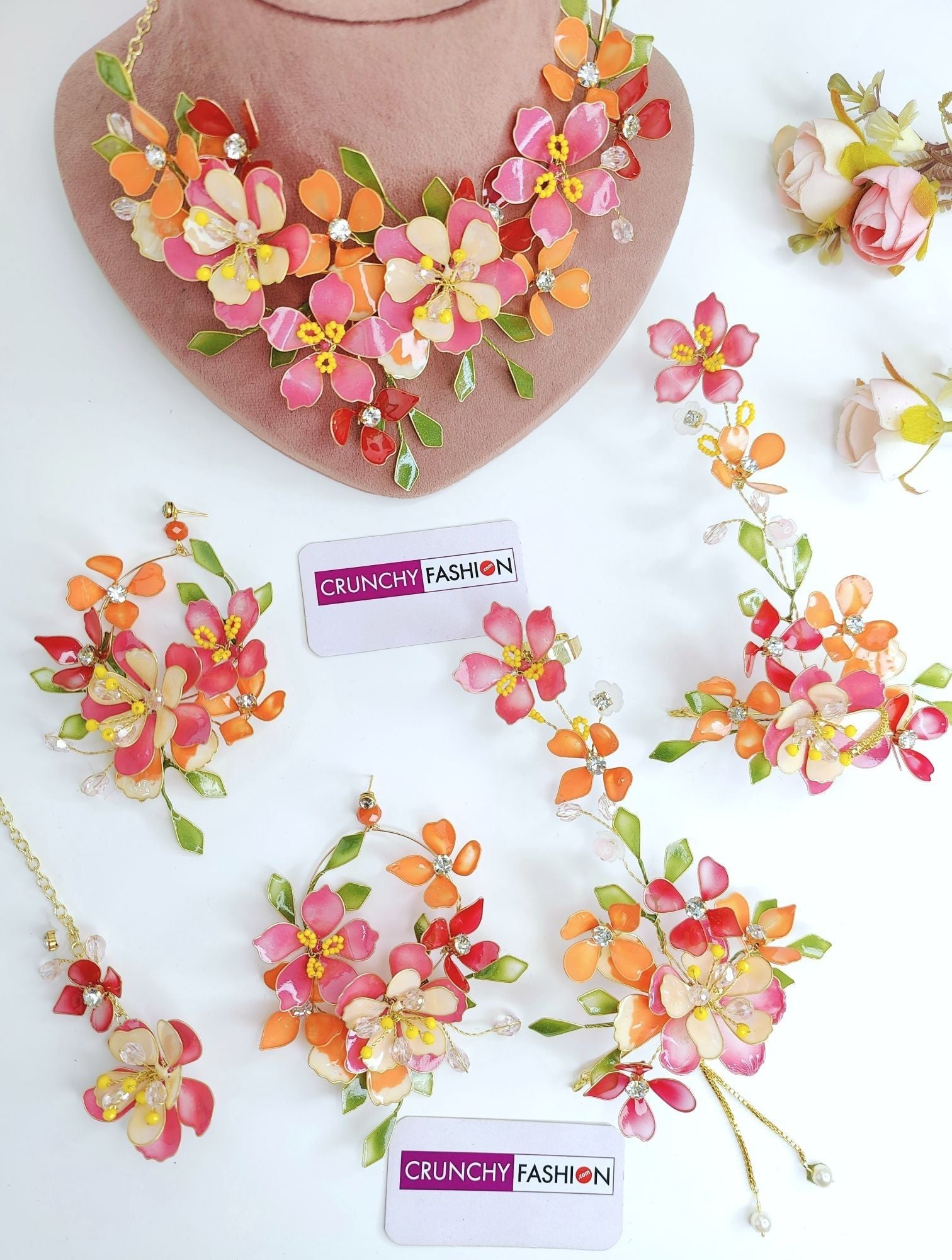 Bridal Blossom: Handcrafted Pink-Orange Floral Resin & Beaded Jewellery Set for Haldi-Mehndi Ceremony