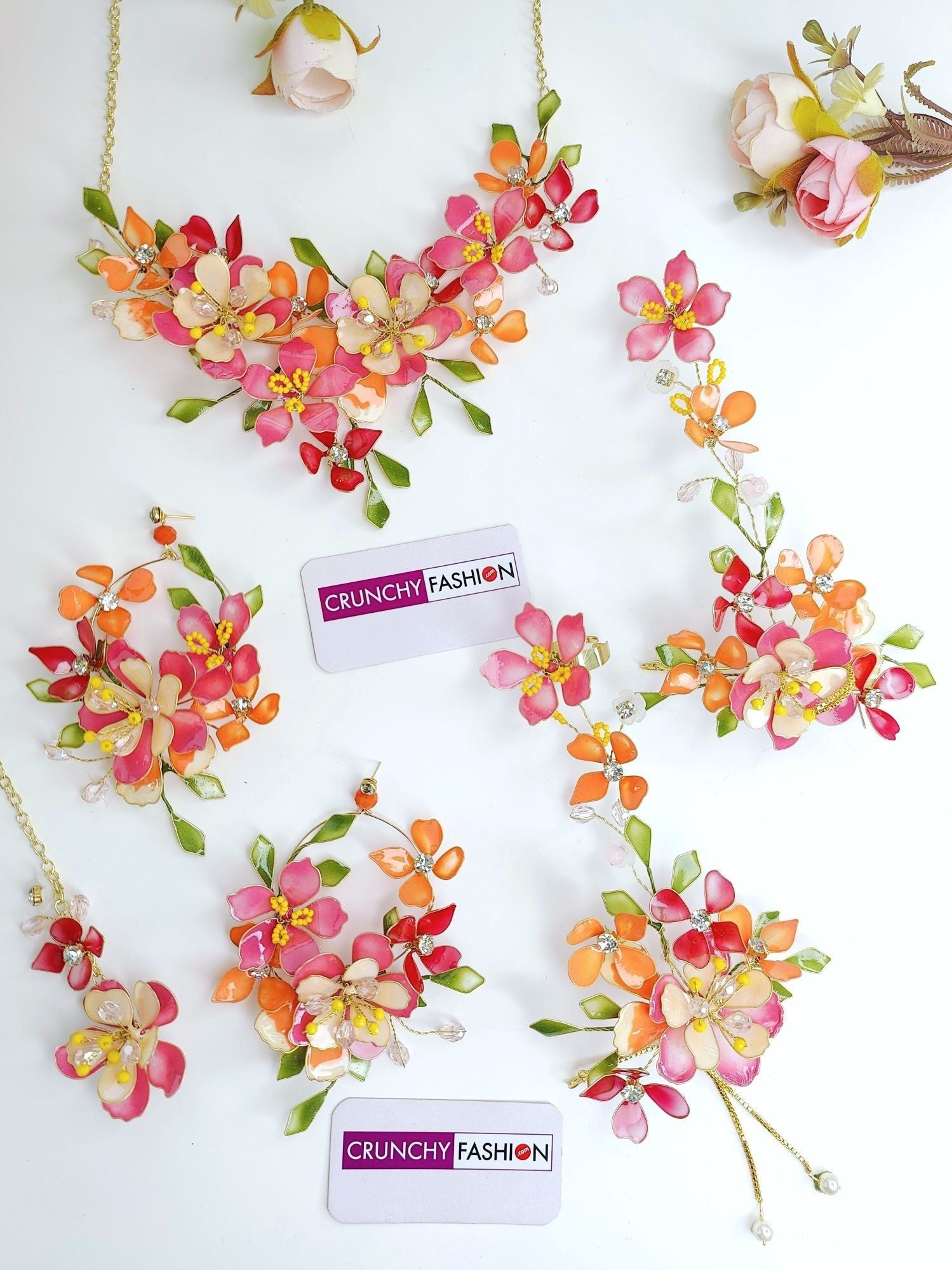 Bridal Blossom: Handcrafted Pink-Orange Floral Resin & Beaded Jewellery Set for Haldi-Mehndi Ceremony