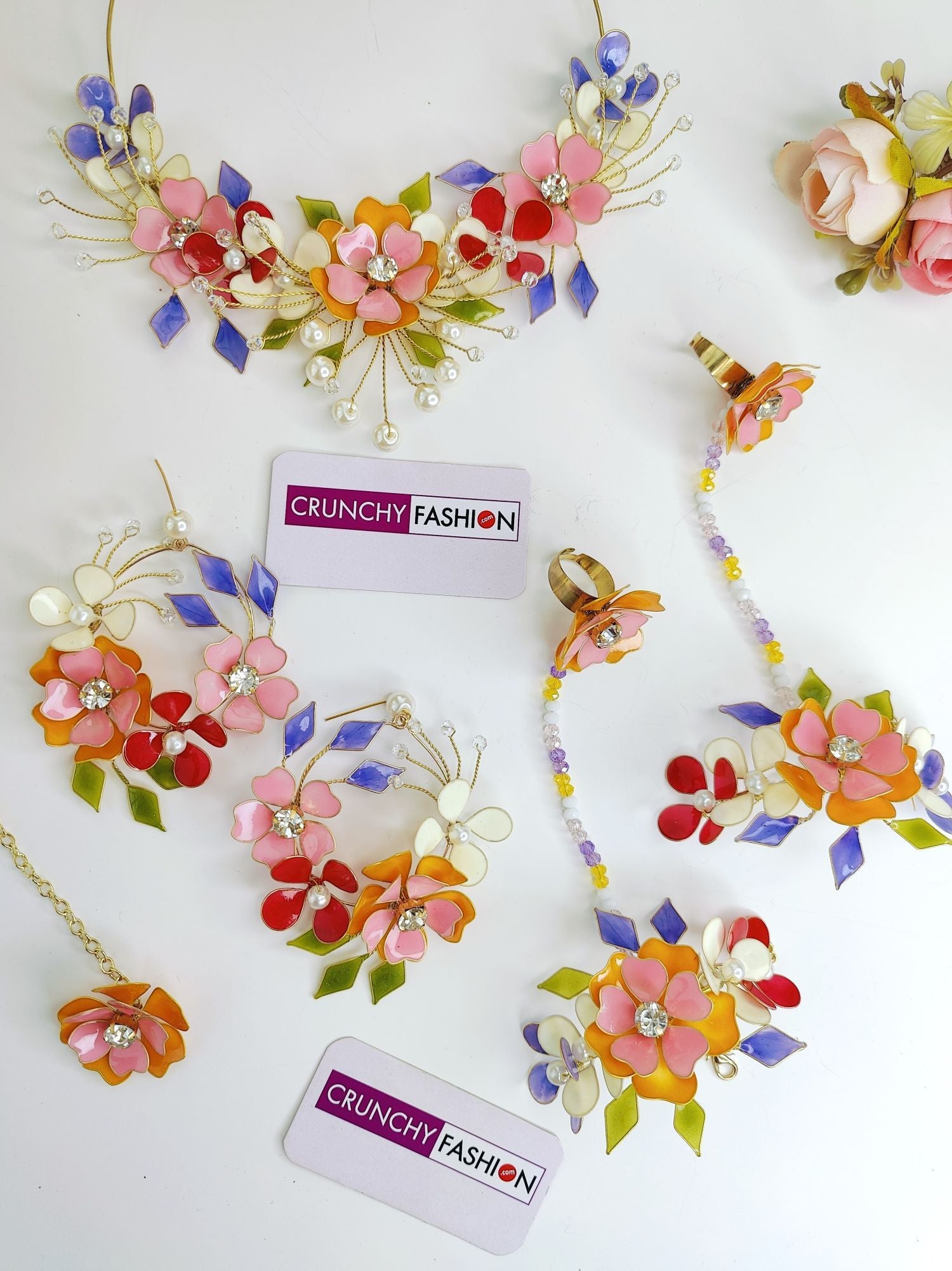Carnival of Blooms: Handmade Resin Floral Jewellery Set in Multicolor for Haldi-Mehndi Brides
