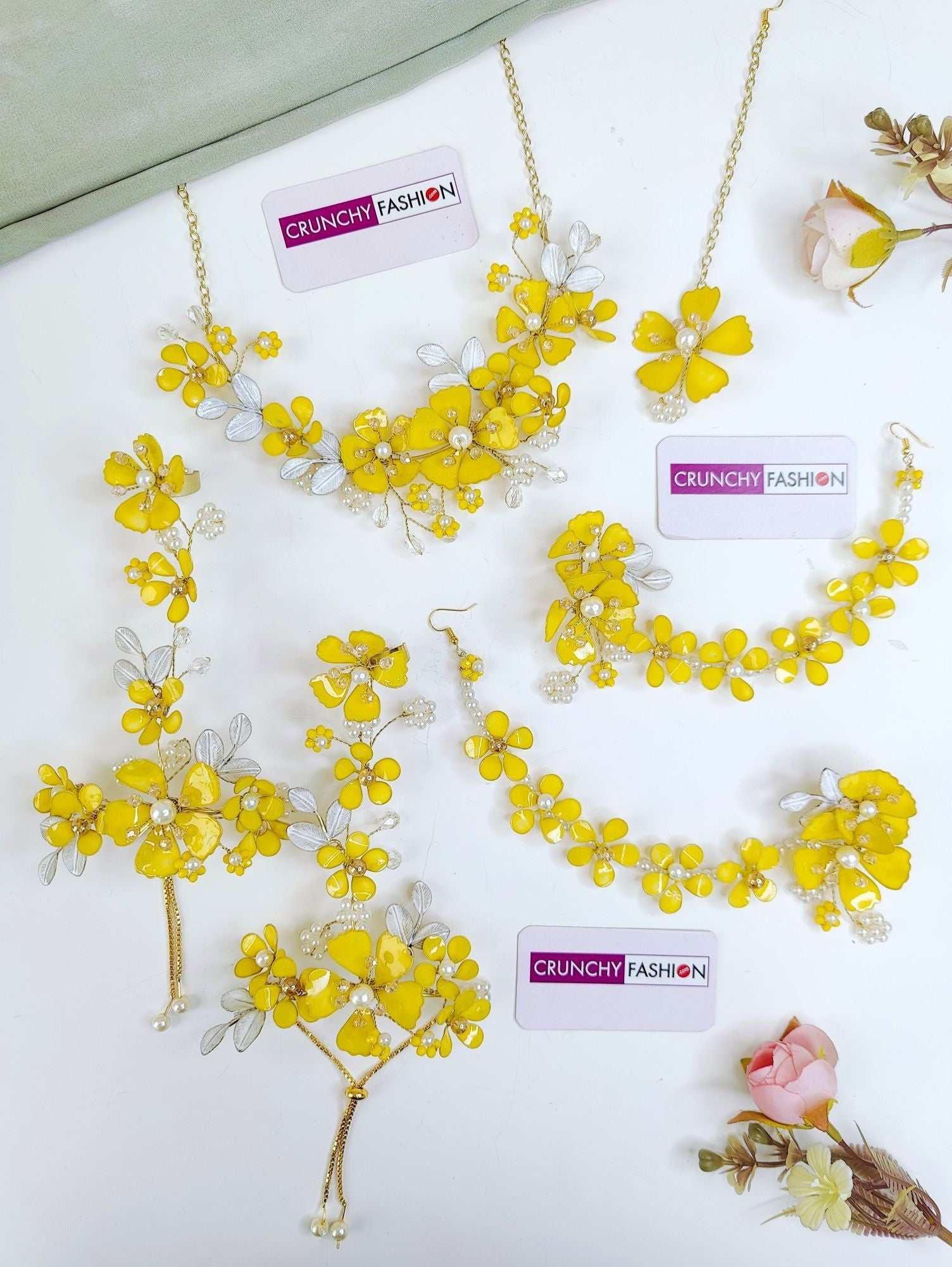Yellow-White Floral Haldi Bridal Jewellery Set