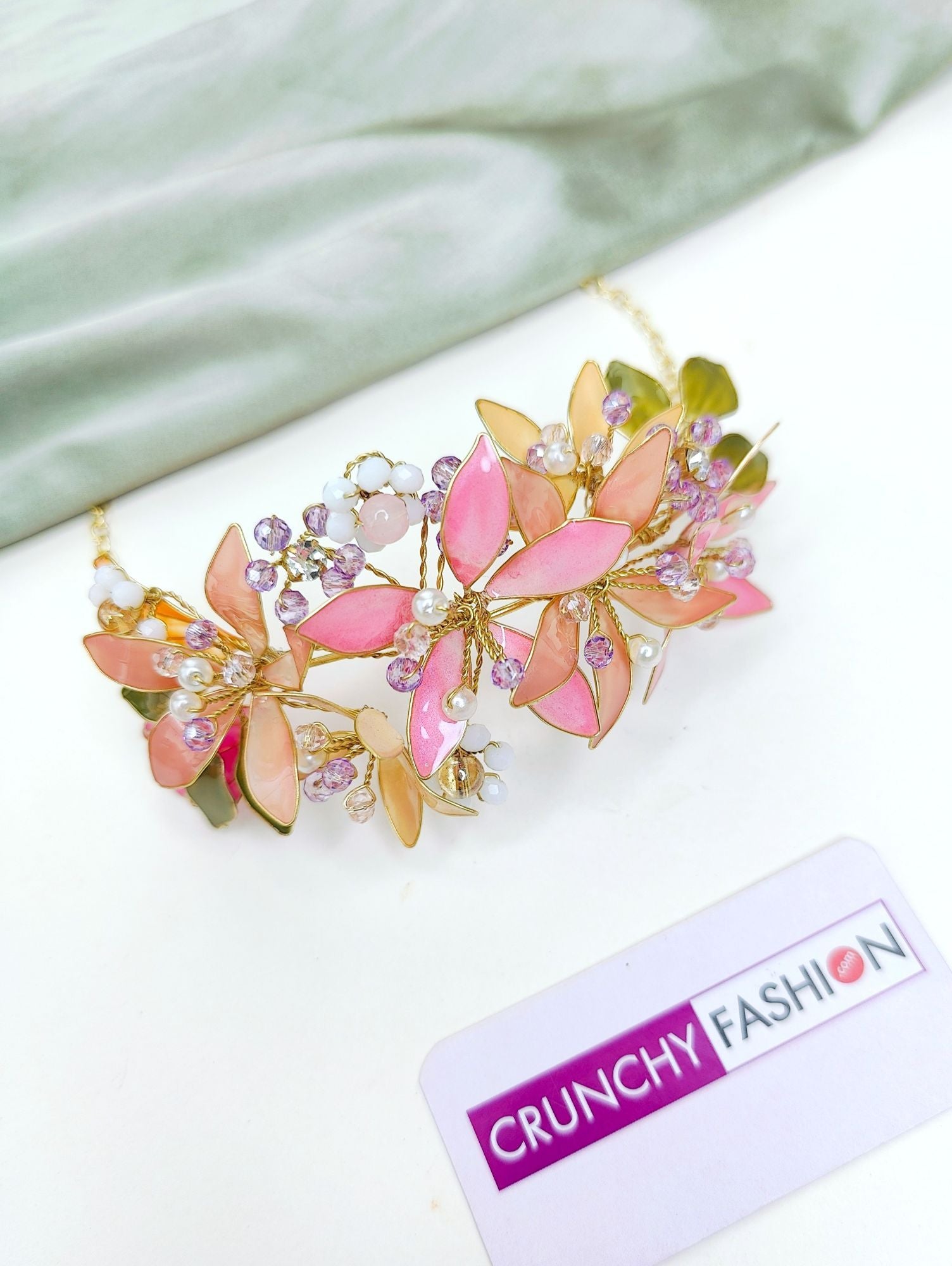 Pink-peach floral bridal jewellery set for haldi, handmade resin and beaded designer set with gold plating