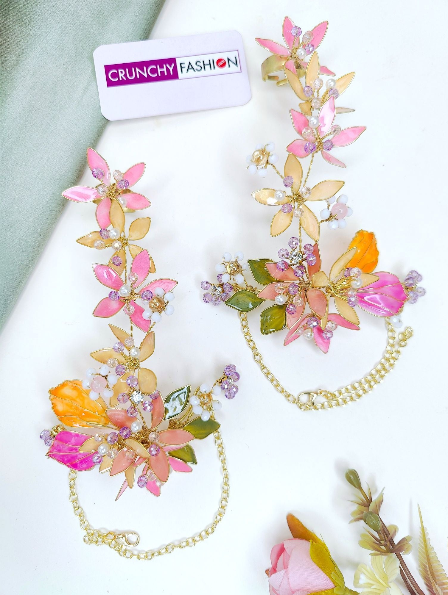Pink-peach floral bridal jewellery set for haldi, handmade resin and beaded designer set with gold plating