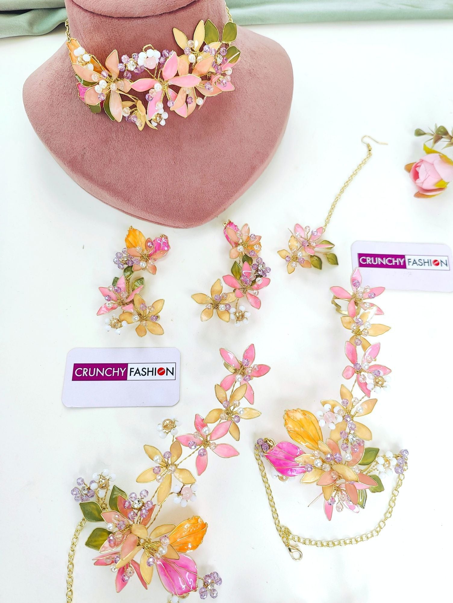 Pink-peach floral bridal jewellery set for haldi, handmade resin and beaded designer set with gold plating