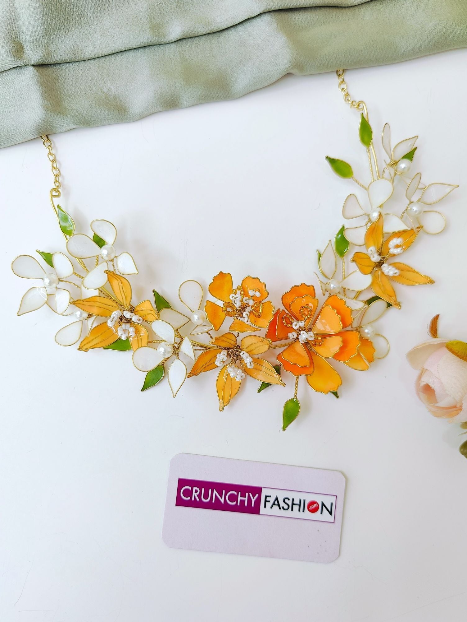 Orange White Floral Haldi Bridal Resin Jewellery Set