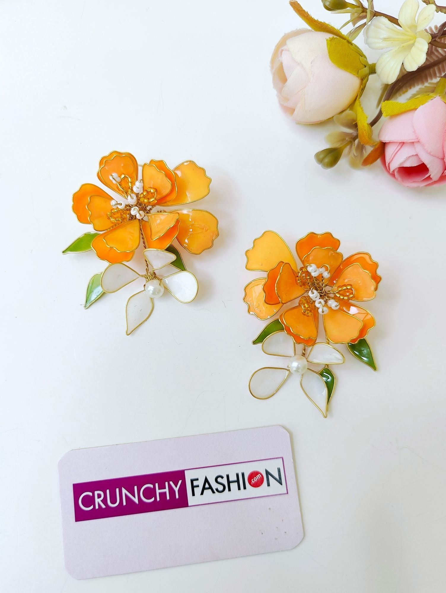 Orange White Floral Haldi Bridal Resin Jewellery Set