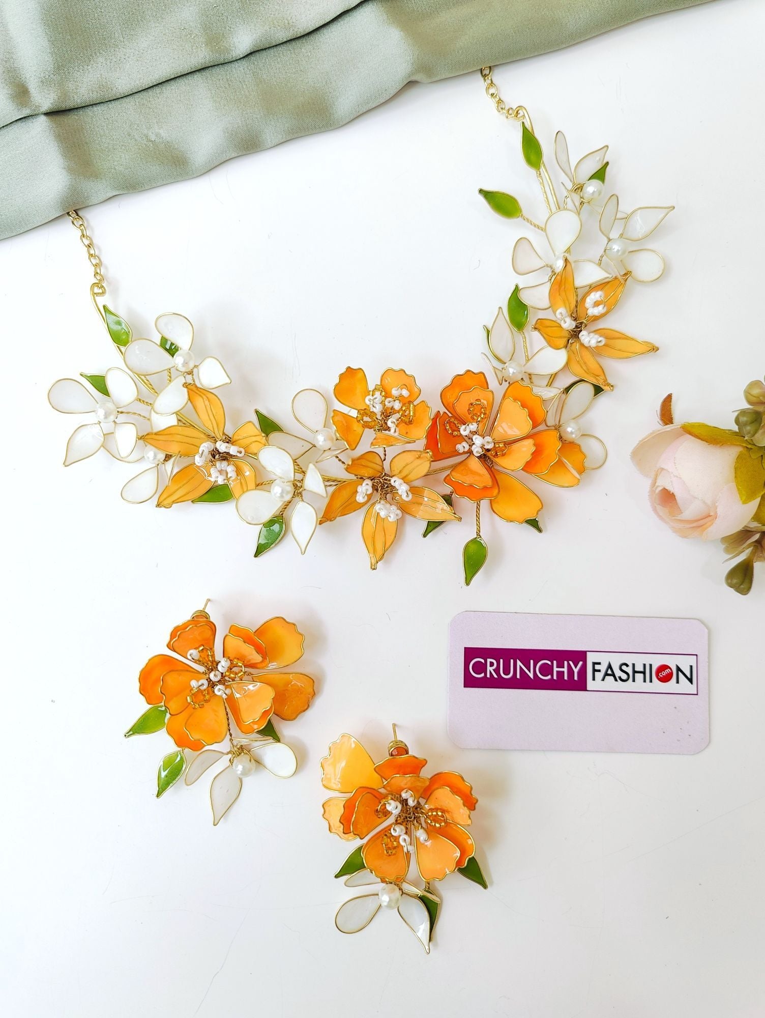 Orange White Floral Haldi Bridal Resin Jewellery Set
