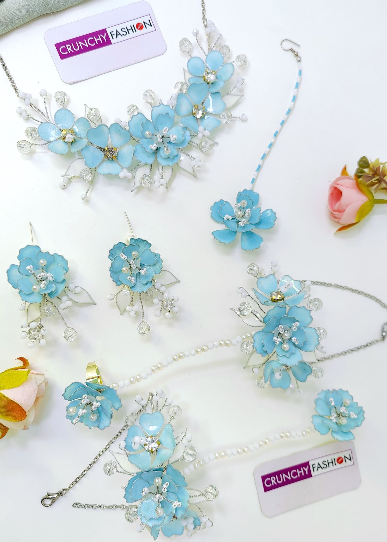 sky blue floral handmade resin jewellery set for haldi and mehndi